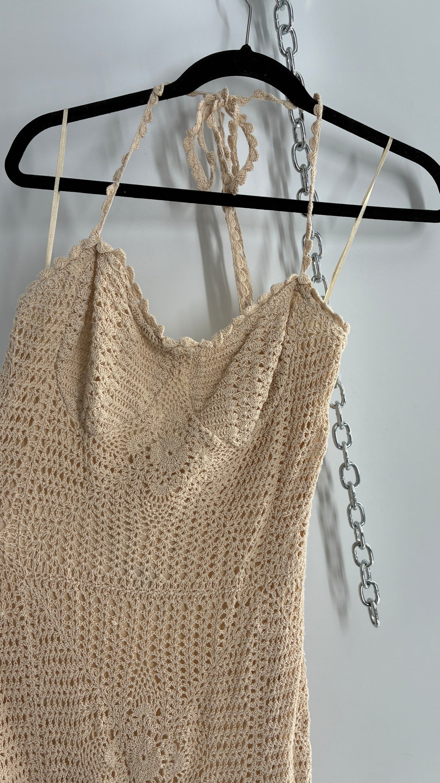 Free People Beige Crochet Knit Máxi Dress (Large)