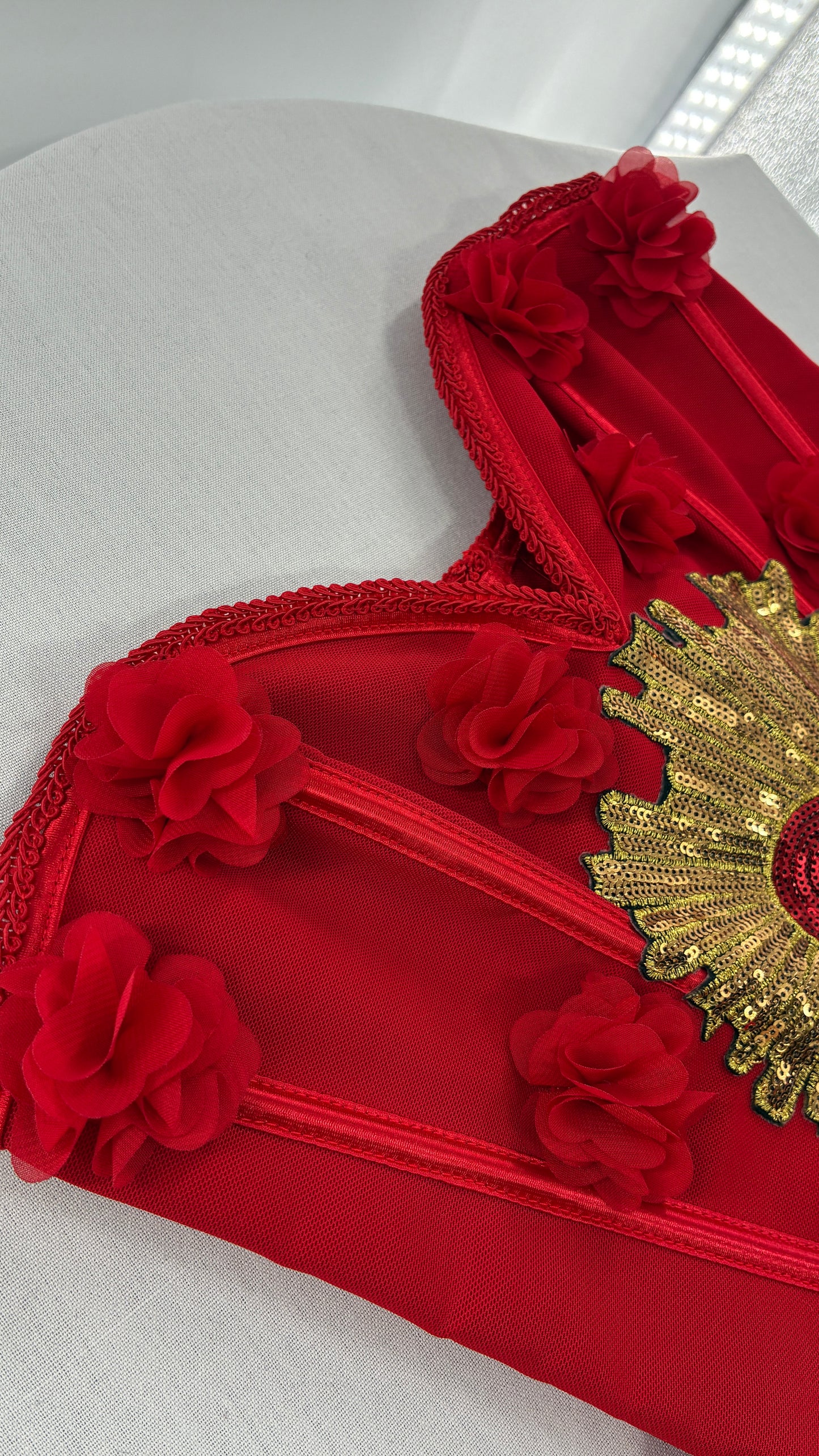 Red Handmade Corset with Rosette Appliqués and Sequin Heart Design (Small)