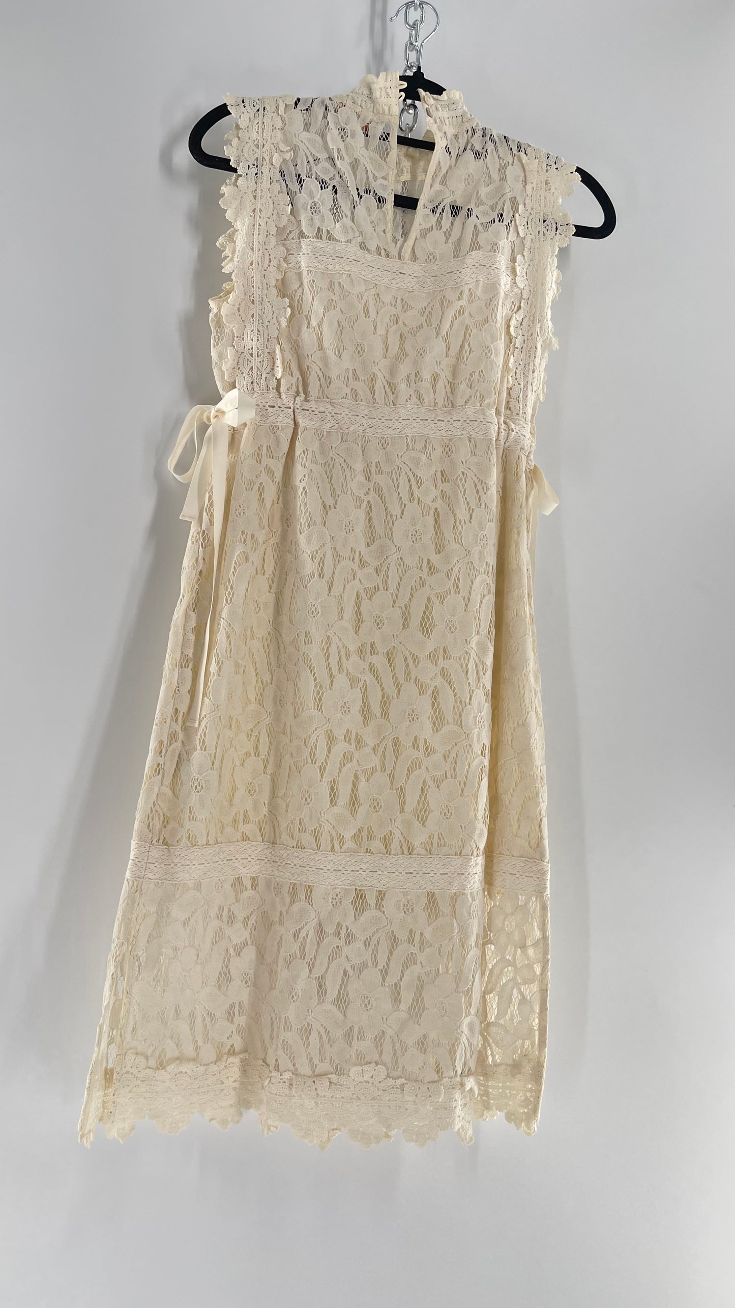 Eri + Ali Anthropologie Velvet Lace MIDI Dress with High Neckline and Side Bow Ties(XS)