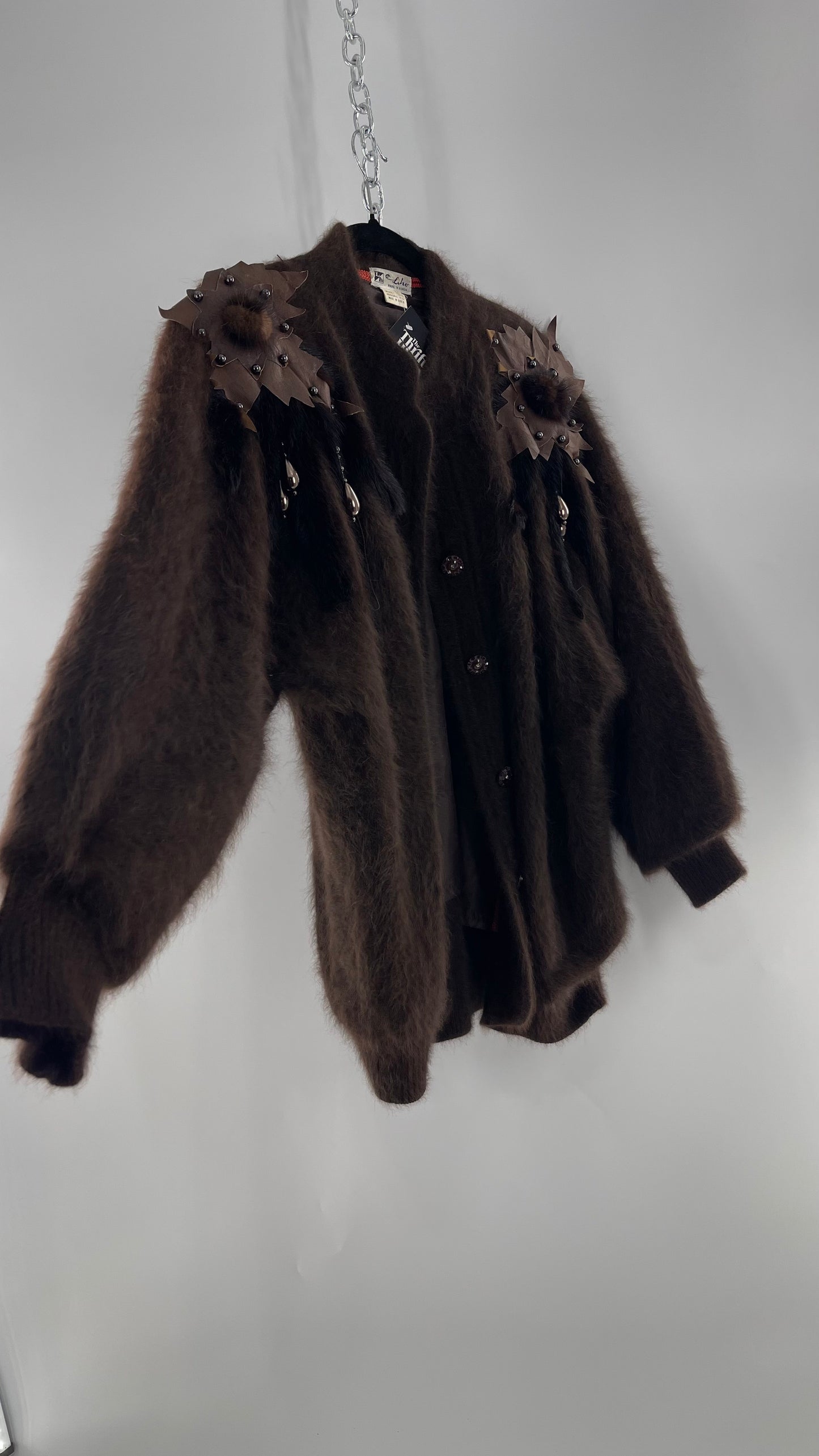 Liho Korean Vintage Brown Cardigan with Leather, Fur and Beaded Detailing 15% Wool 75% Angora  (C)(Medium)