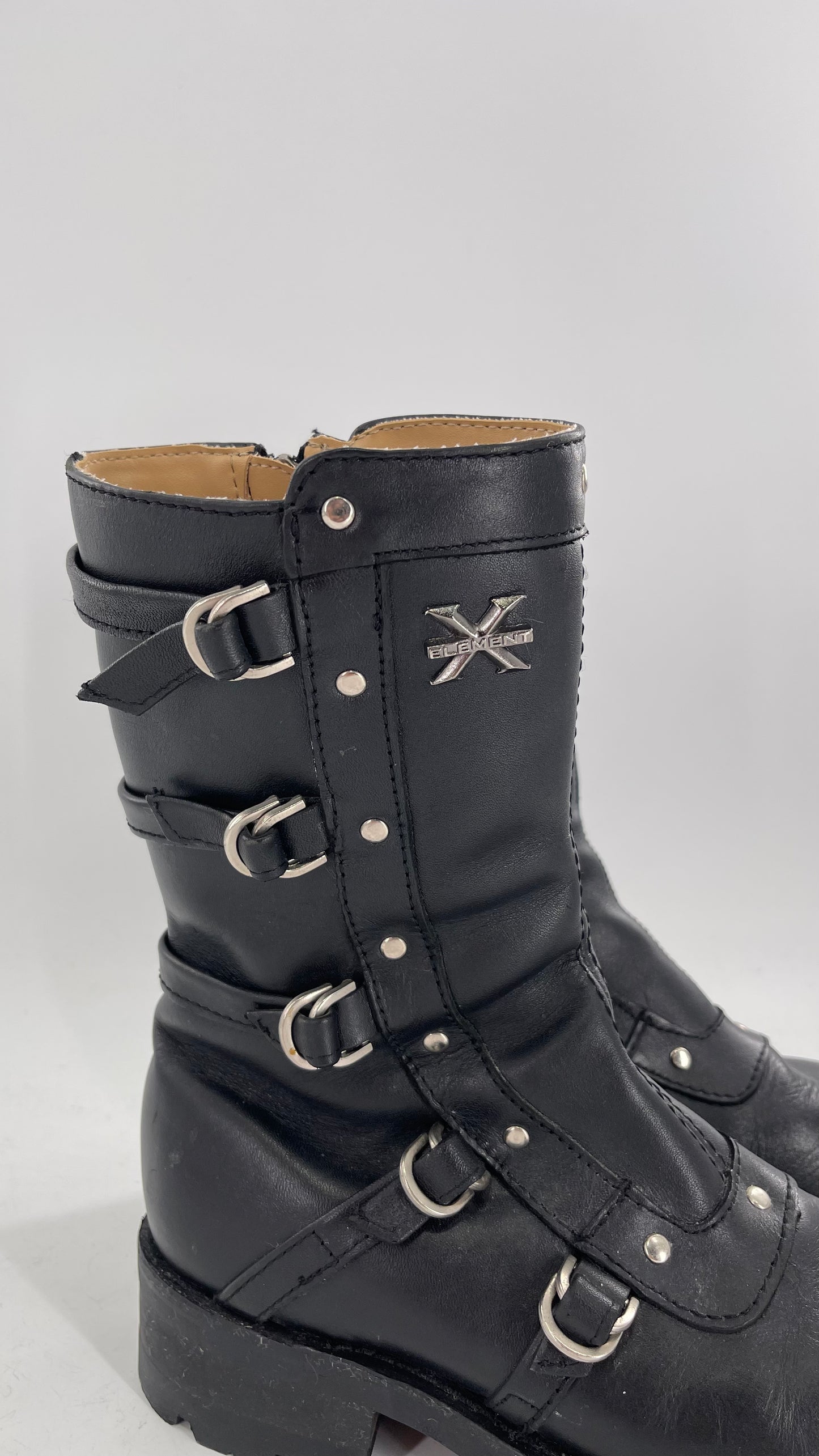 Vintage 1990s XELEMENT Buckle Side Genuine Leather Steam Punk Boots (Women’s 8.5)