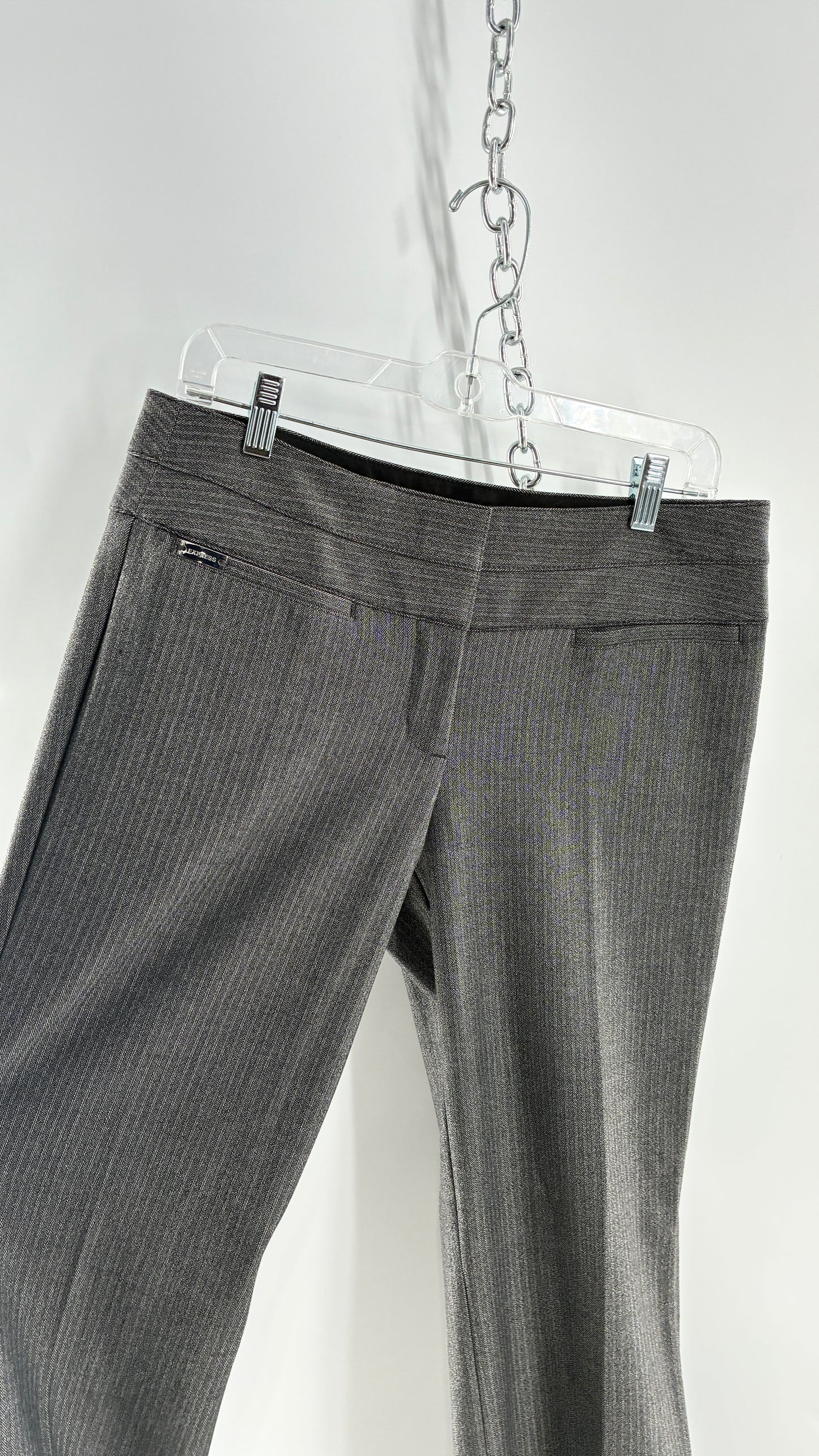 Vintage 1990s EXPRESS Editor Dark Grey Pinstripe Ultra Low Rise Thick Hip Band Kick Flares (6R)