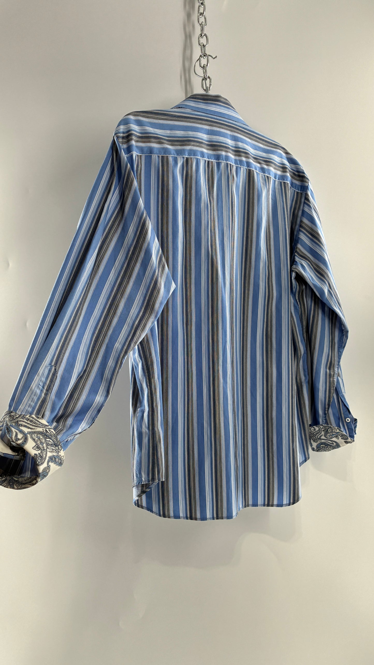 Vintage 1990s Bugatchi Men’s Blue Striped Button Up with Paisley Cuffs (Large)