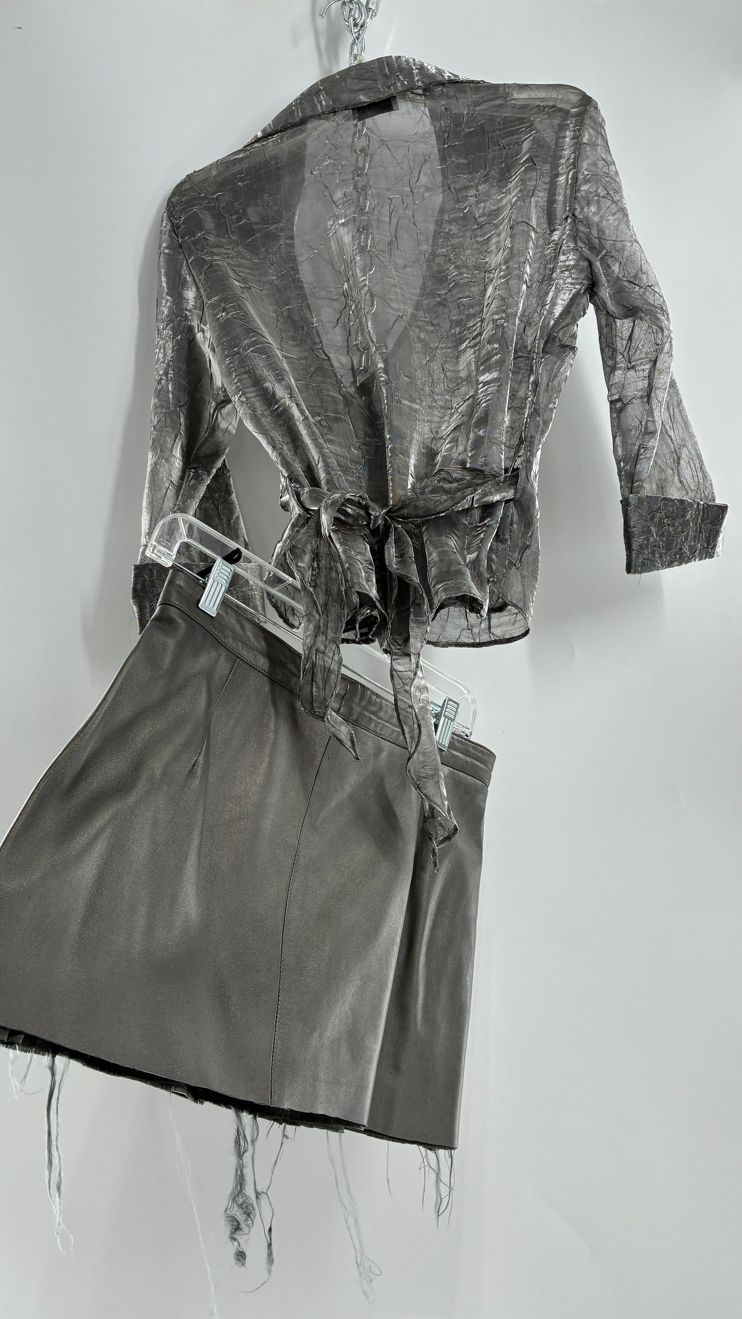 Vintage 1980s JUST PIERRE 3pc Metallic Silver Leather Trench Coat, Micro Mini Skirt and Sheer Blouse Set (S/M)