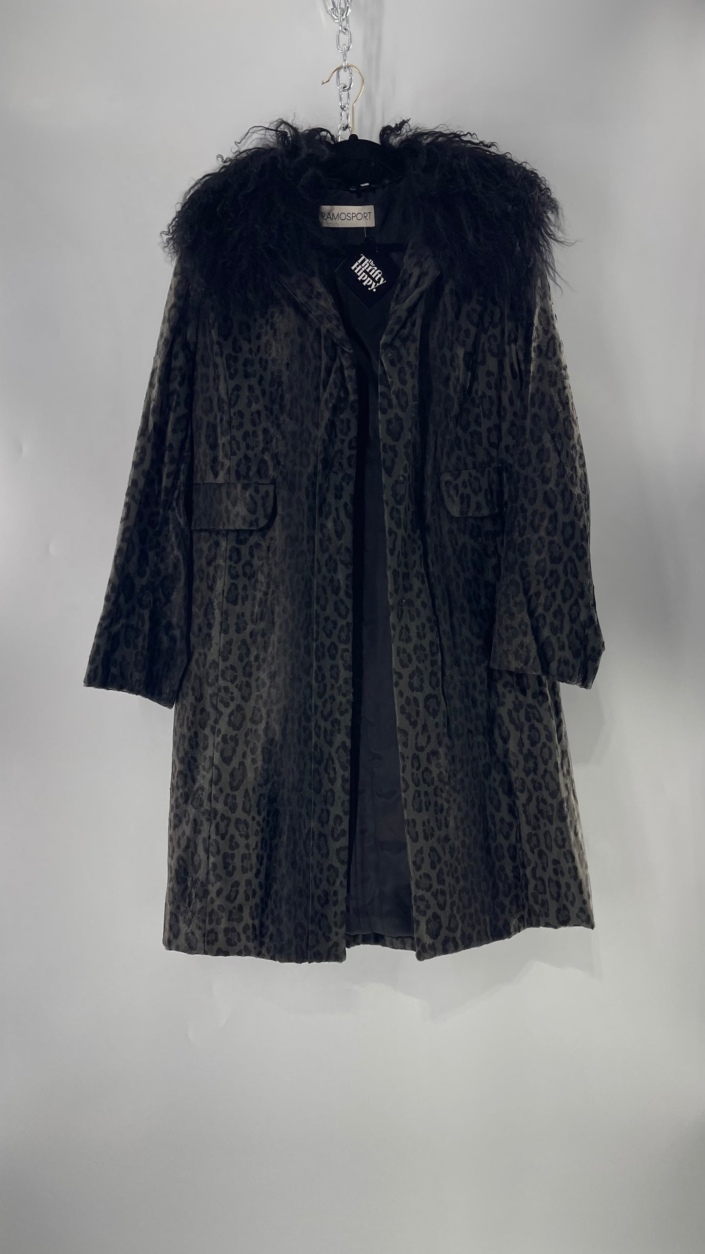 Vintage Romanian RAMOSTEPH Black/Gray Leopard Print Coat with Mongolian Fur Collar (Medium)
