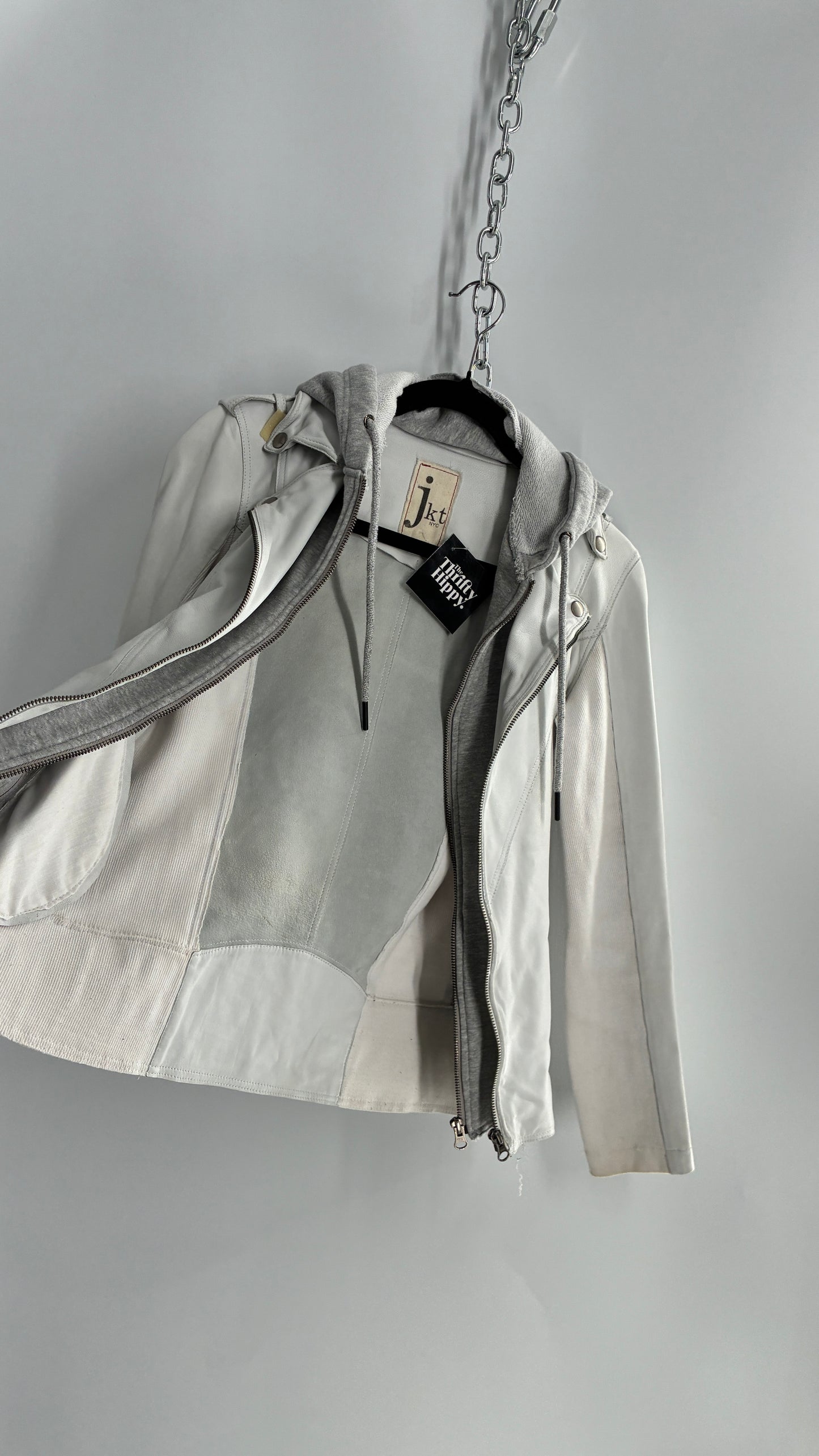 Jakett White Molly Burnished White Genuine Leather Double Layer Moto Jacket with Removable Grey Hoodie Insert (XS)