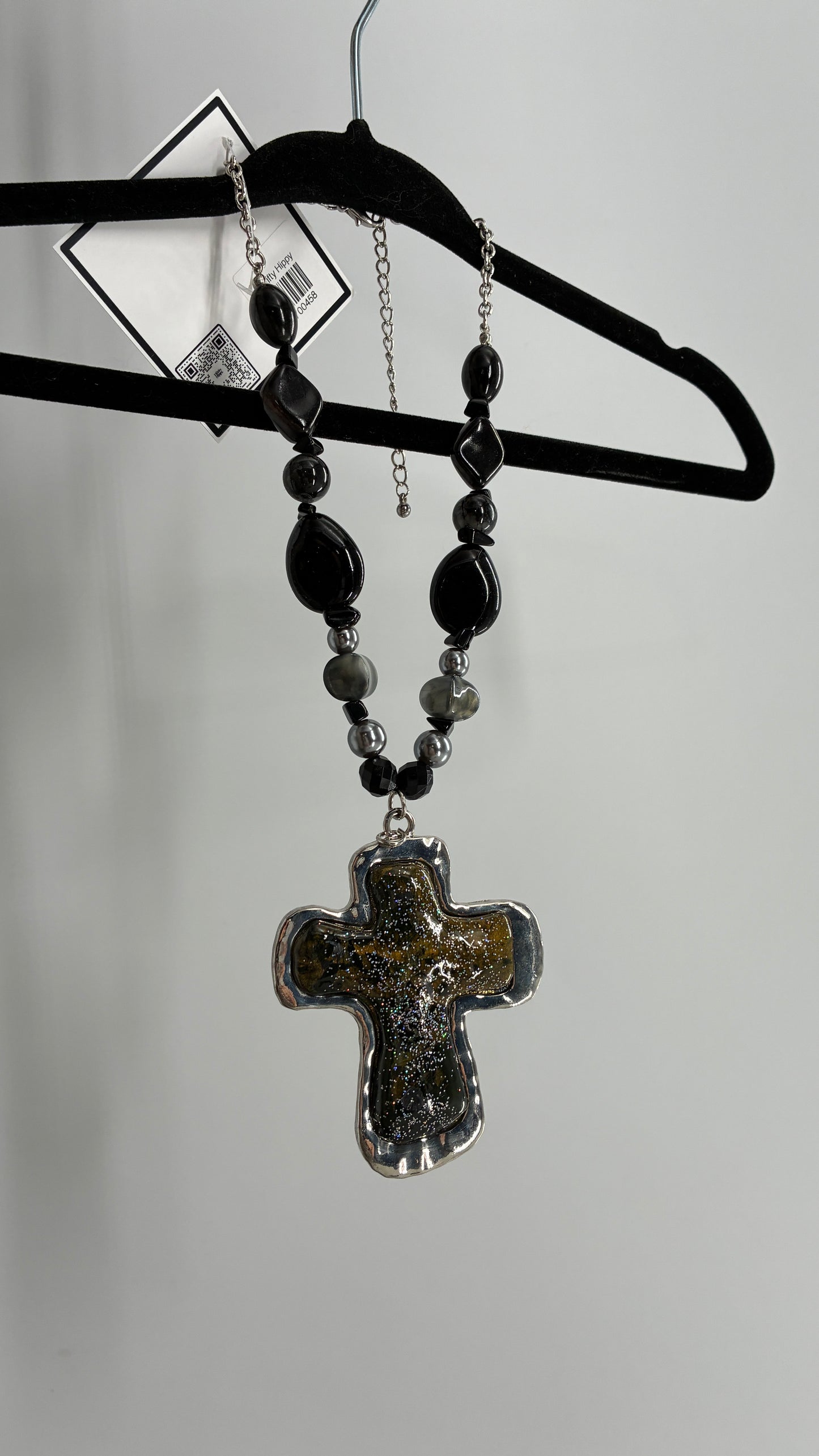 Vintage 1990s Beaded Black Necklace with Iridescent Glitter Cross