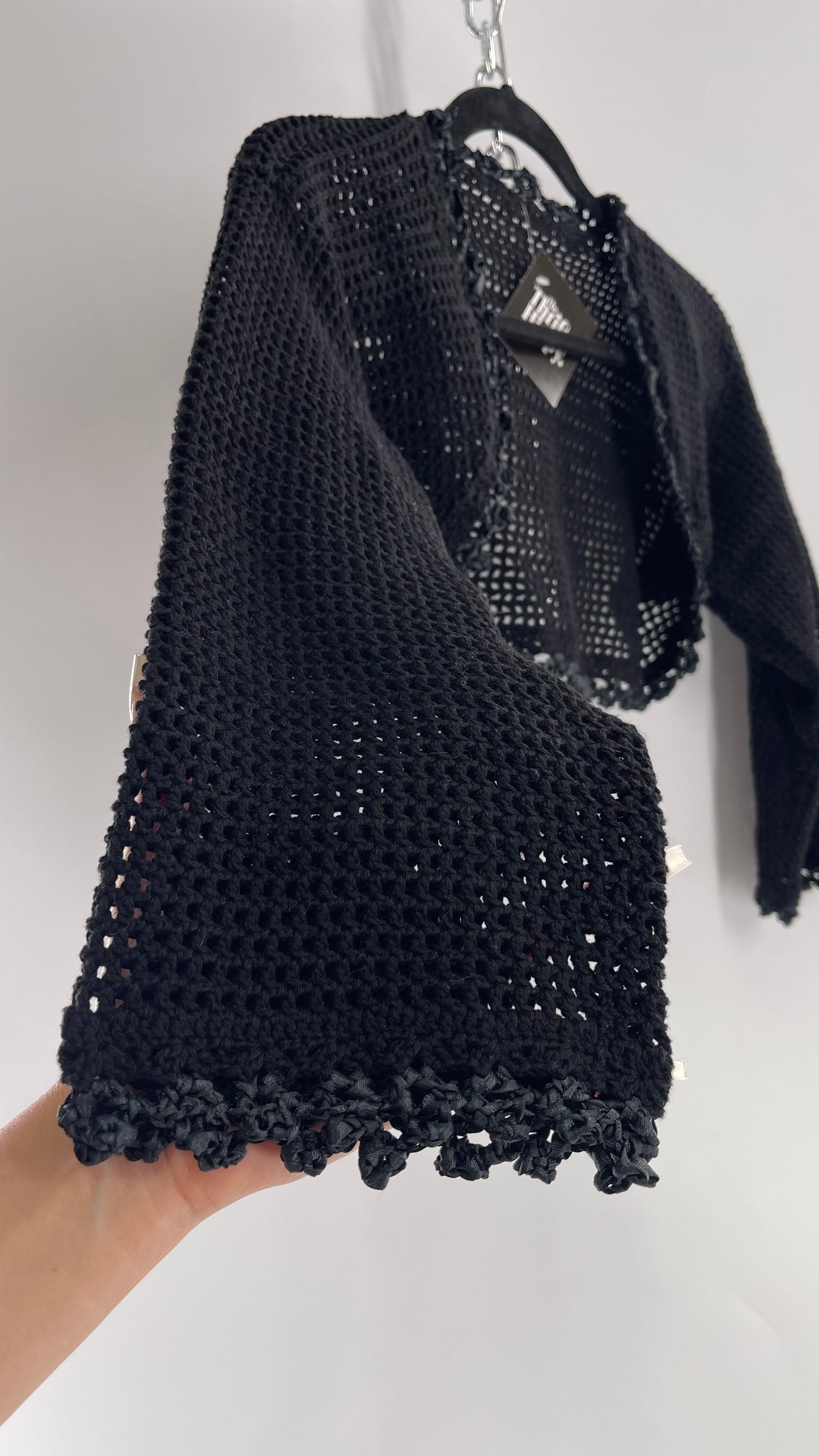 Vintage Black Hand Knit Crochet Shrug with Ribbon Detailing (Medium)