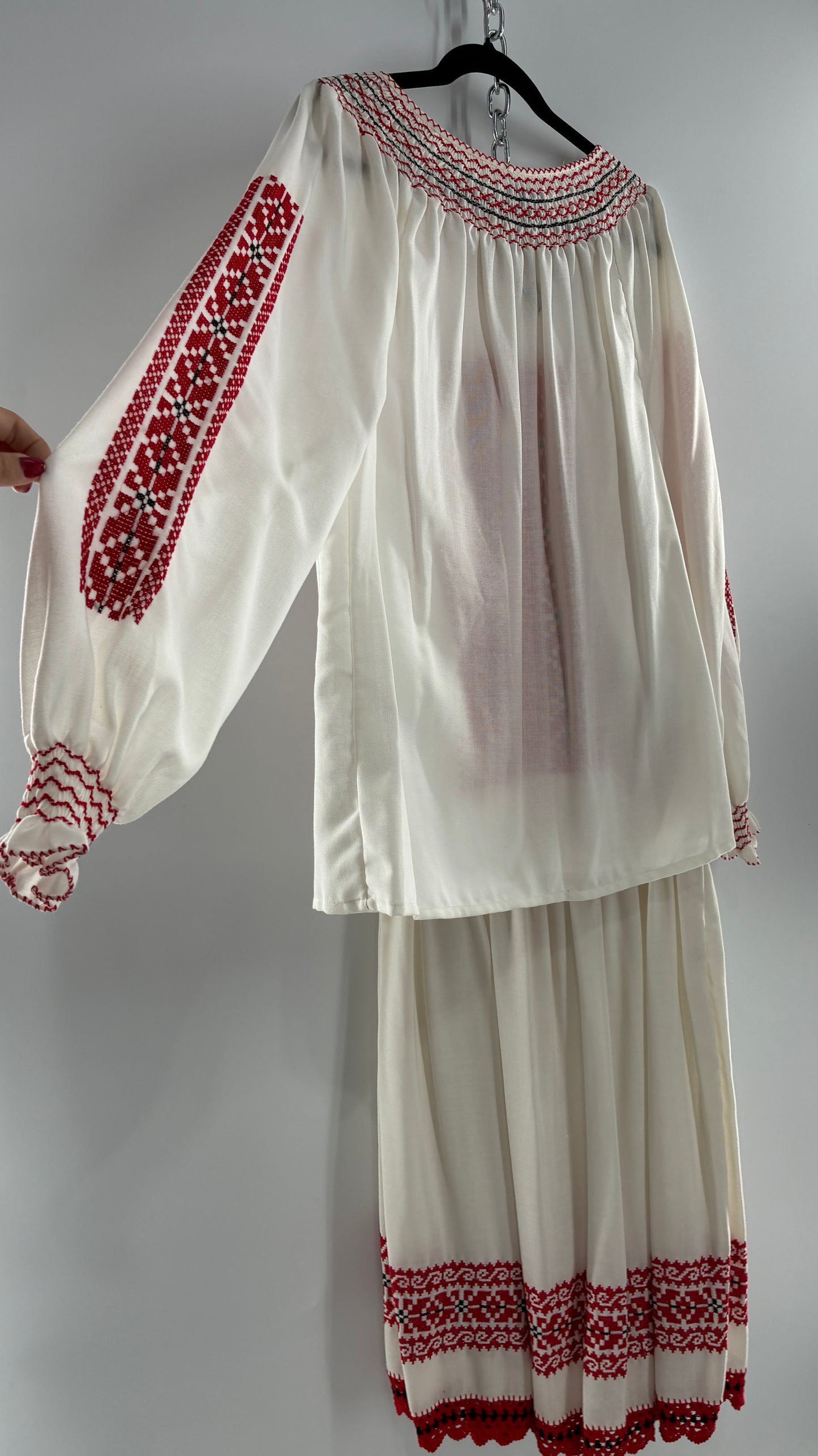 Vintage 1970s LUX FOLKLOR Budapest Handmade Cotton Long Sleeve and Skirt Covered in Red Embroidery and Stitching