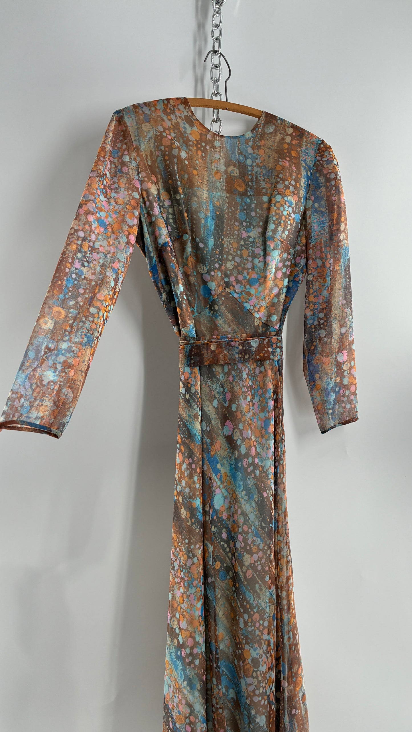 Vintage 1970s HELEN BASS Brown, Orange, Blue Voluminous Maxi Dress (S)