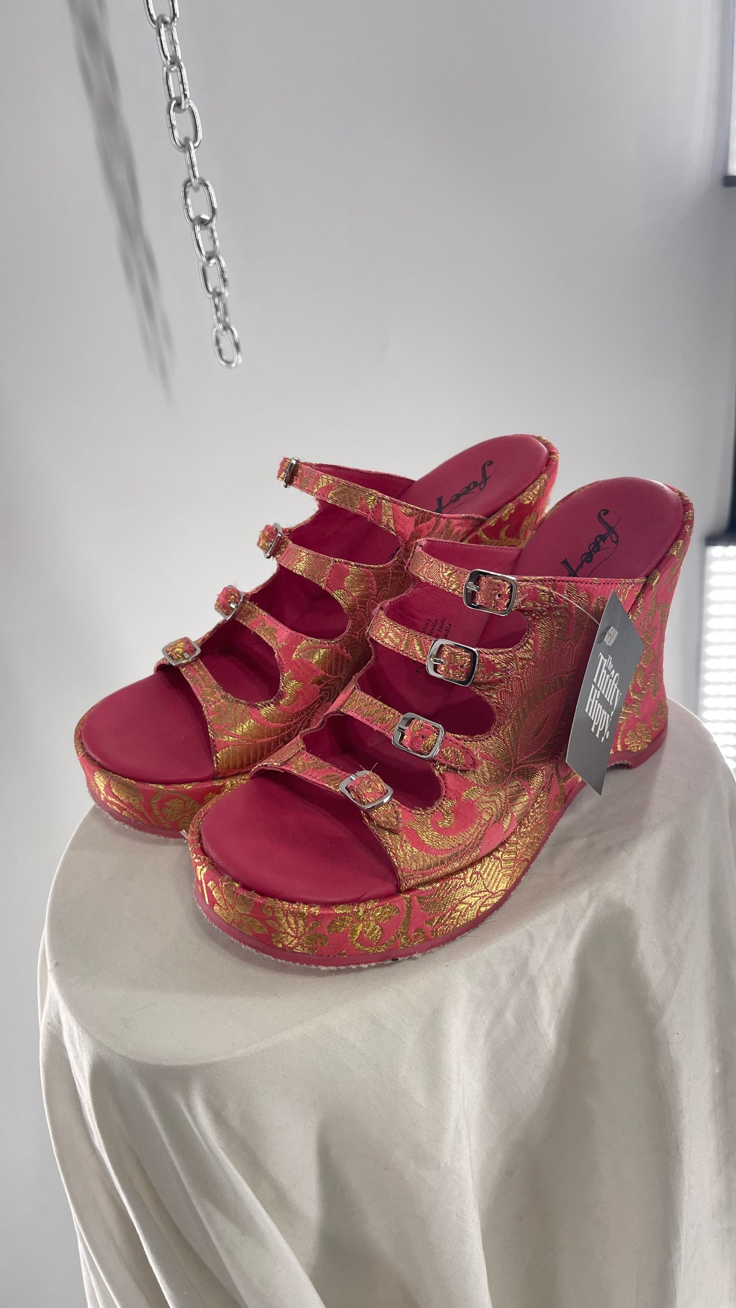 Free People Hot Pink Hoffman Buckle Front Wedge Heels with Satin Gold Paisley/Brocade Pattern (37)