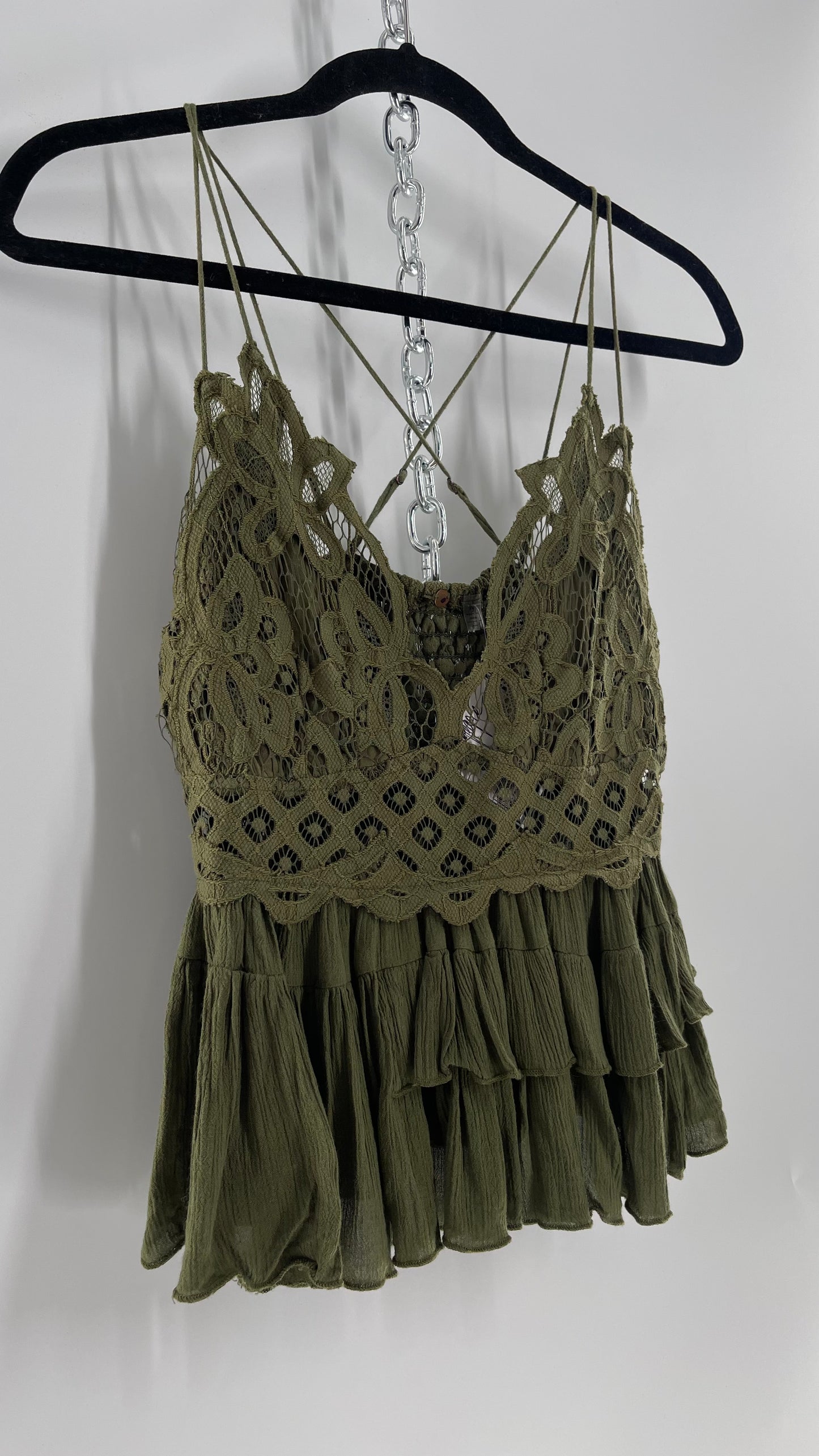 Free People Army Green Lace Bralette Top with Ruffled Hem (Large)