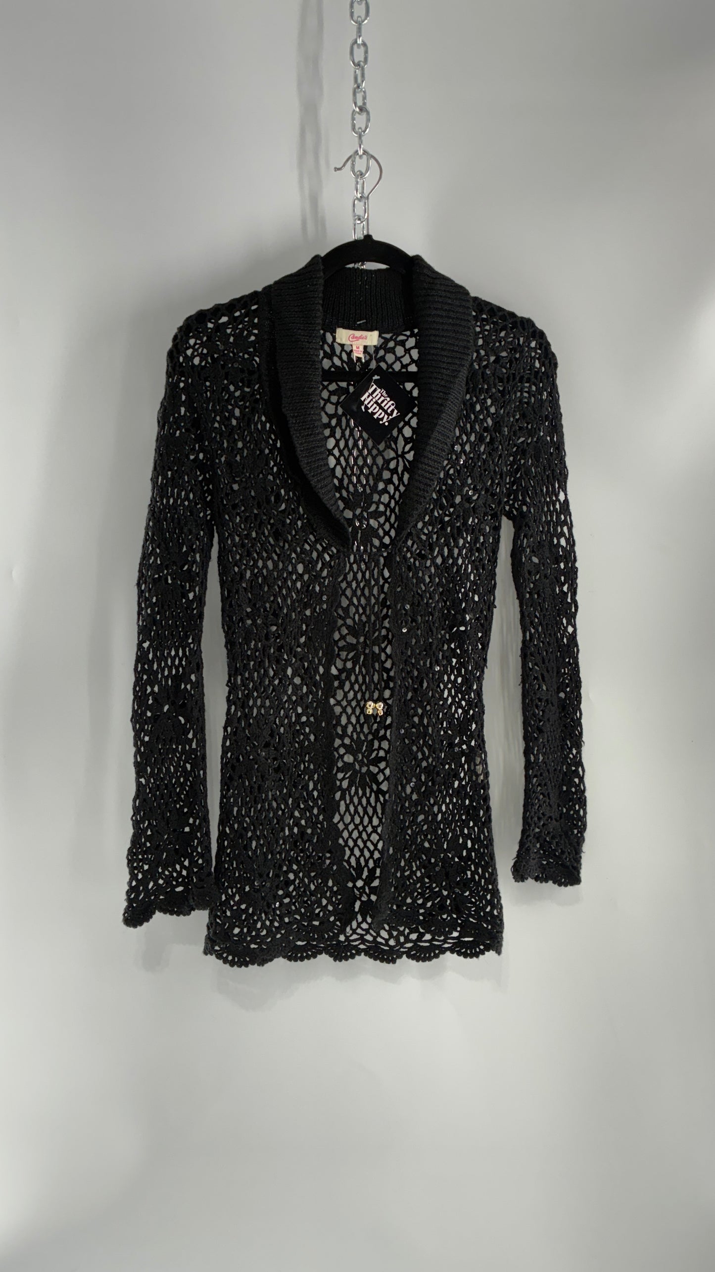 Vintage CANDIES Black Crochet Knit Cardigan with Bust Tie (Medium)