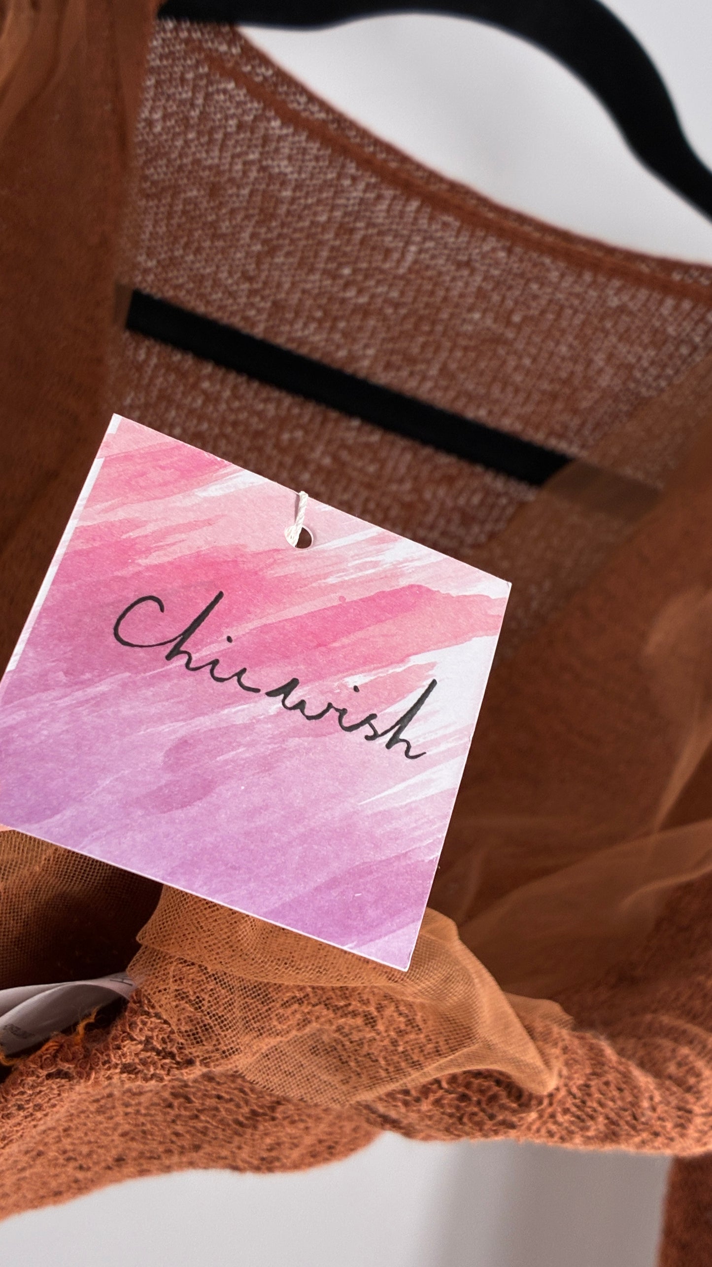 CHICWISH Brown Heavy Knit Balloon Sleeve, Tulle Ruched Details, and Tags Attached (Small)