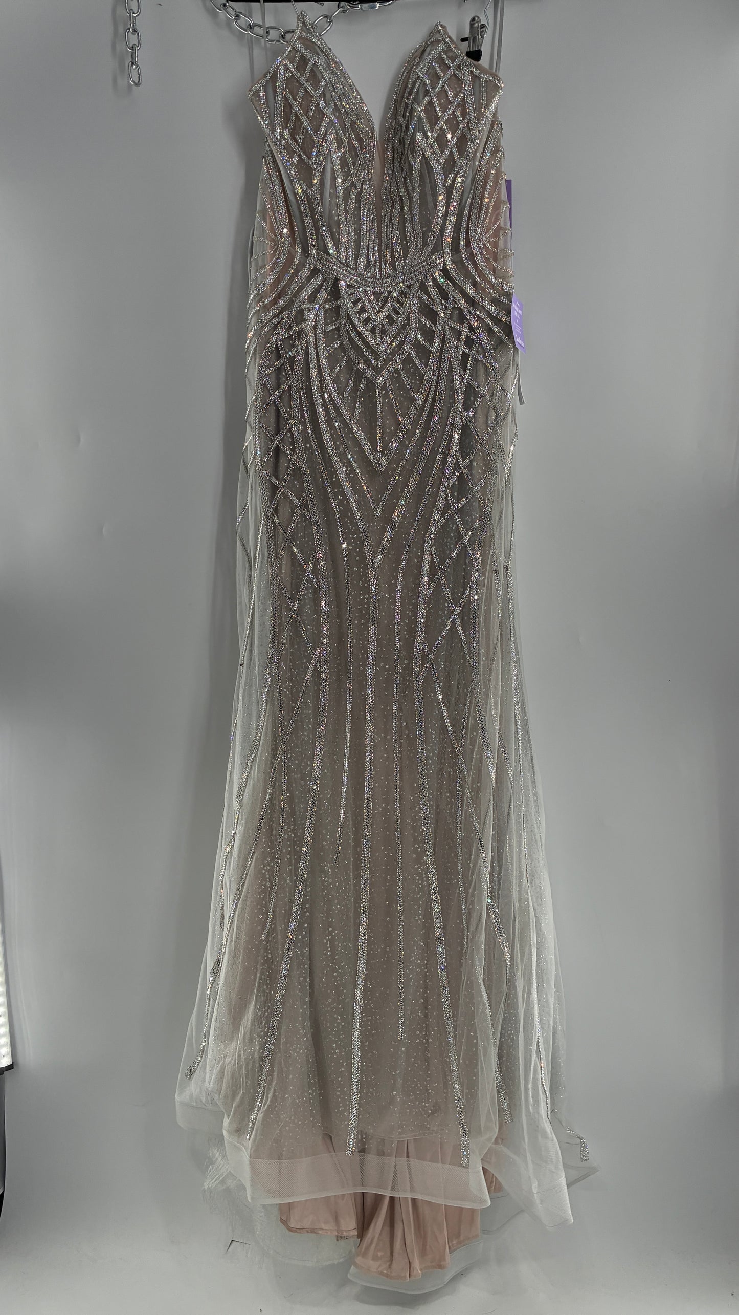 NWT LADIVINE by Cinderella Divine Silver Nude CC6018 Mermaid Corseted Gown with Multiple Layers of Tulle, Covered in Crystal Strips (16)