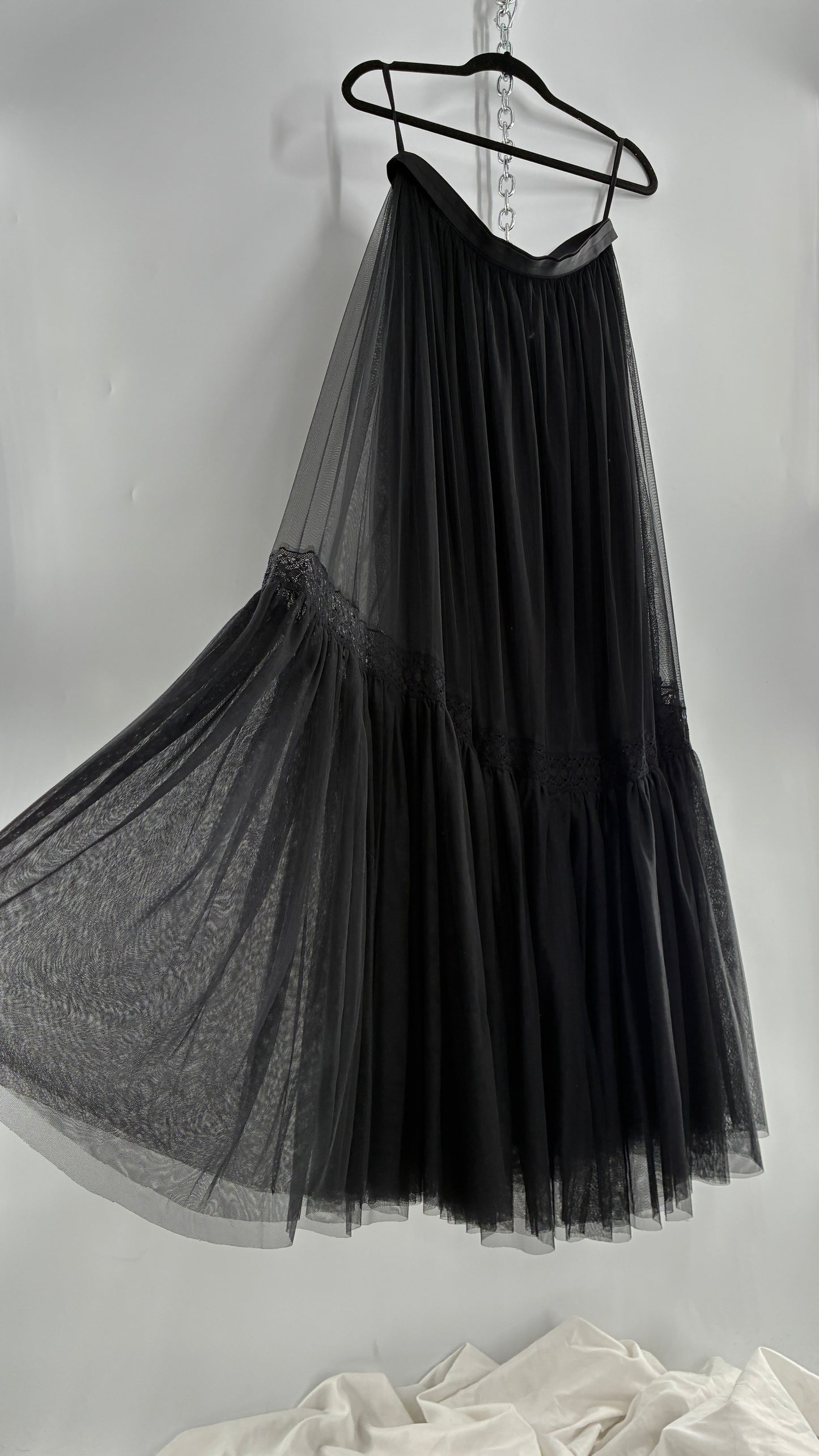 Needle & Thread Voluminous Black Multi Layer Mesh Full Length Skirt with Ribbon Waistline with Tags Attached (10)