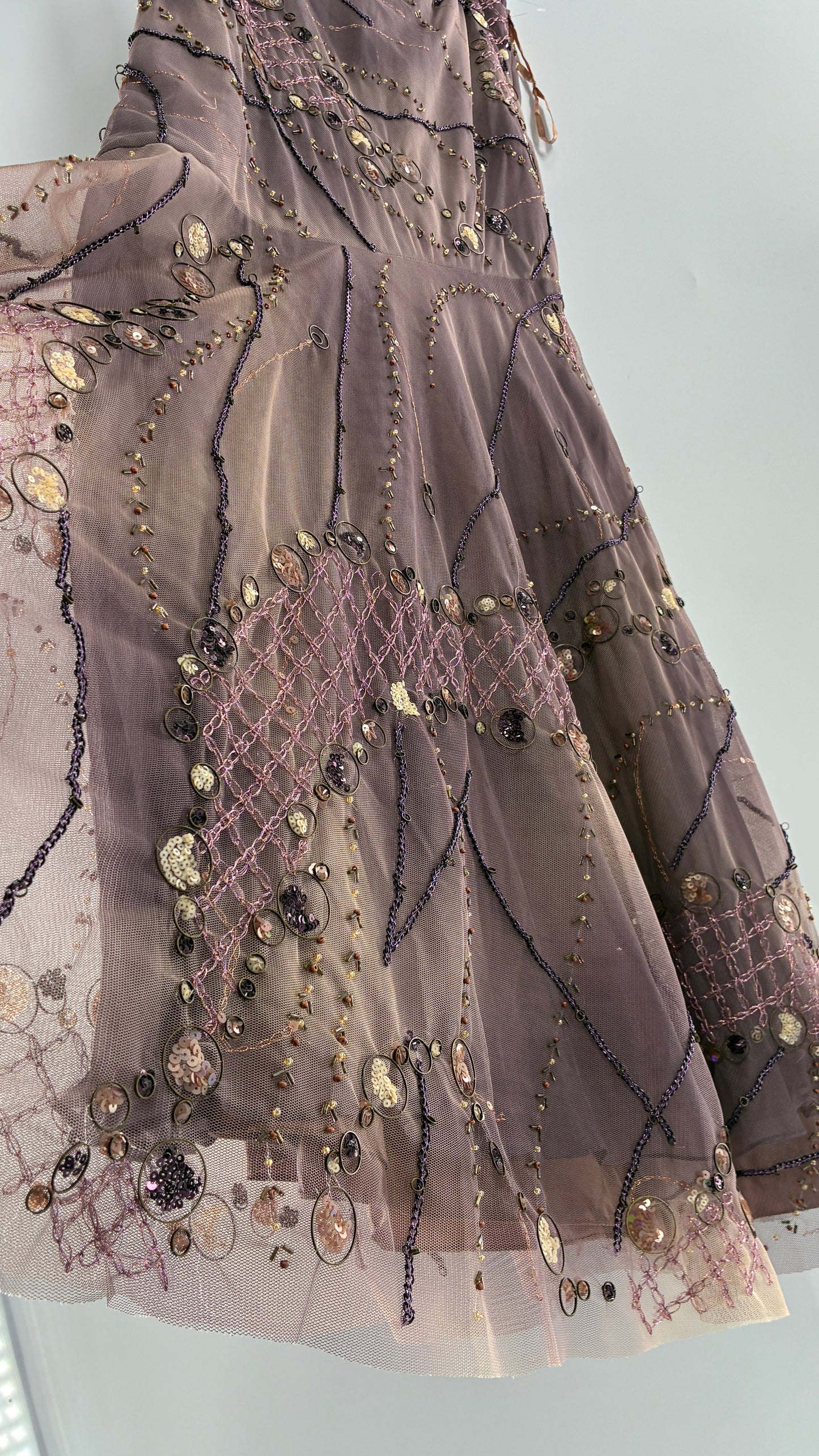 Vintage ALBERTO MAKALI Completely Embroidered and Beaded Maxi Asymmetric Dusty Purple Skirt (4)