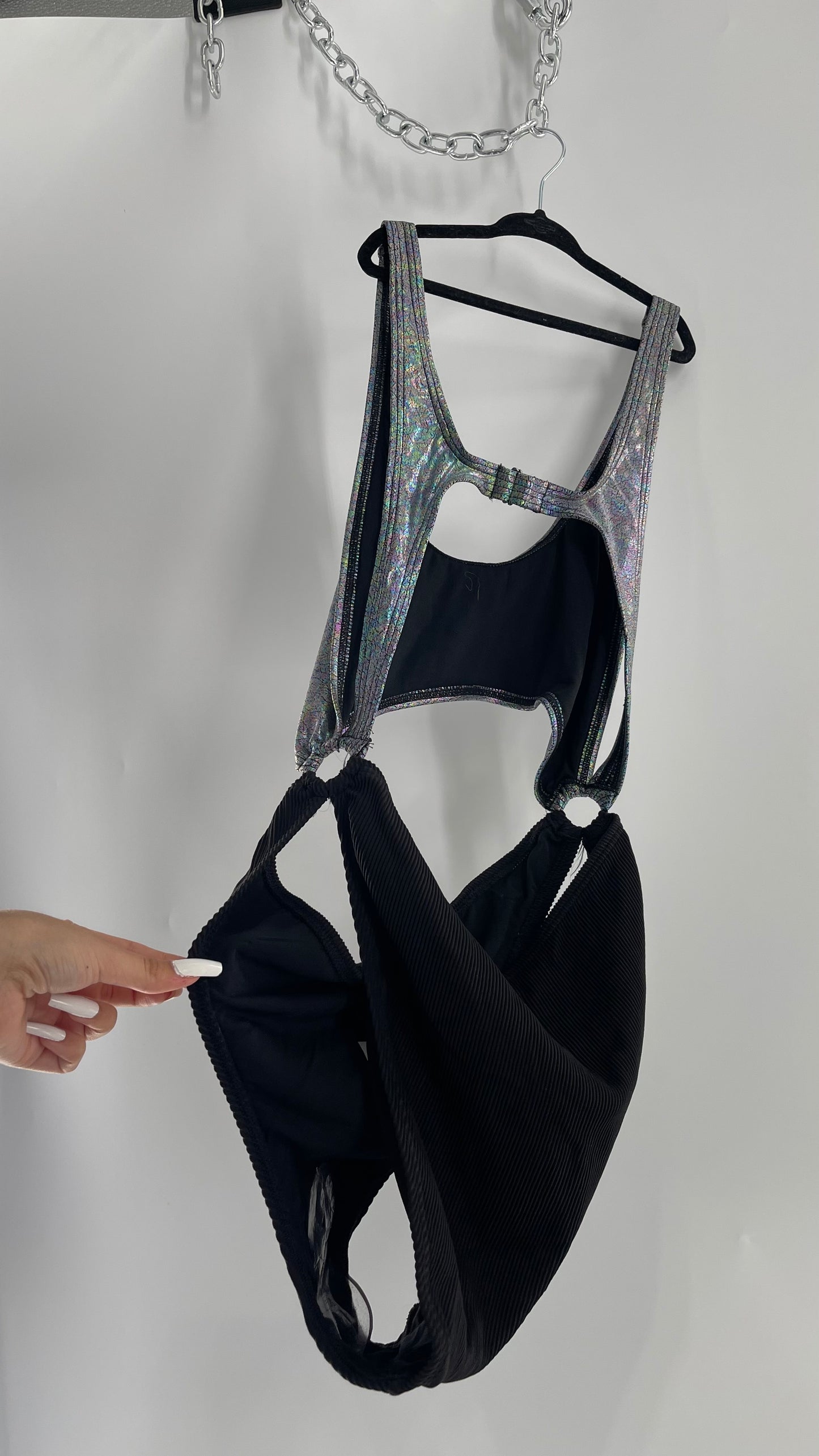 Urban Outfitters Out From Under Bathing Suit Metallic Gas Spill Top and Ribbed Black Bottom Connected by Rings (Large)