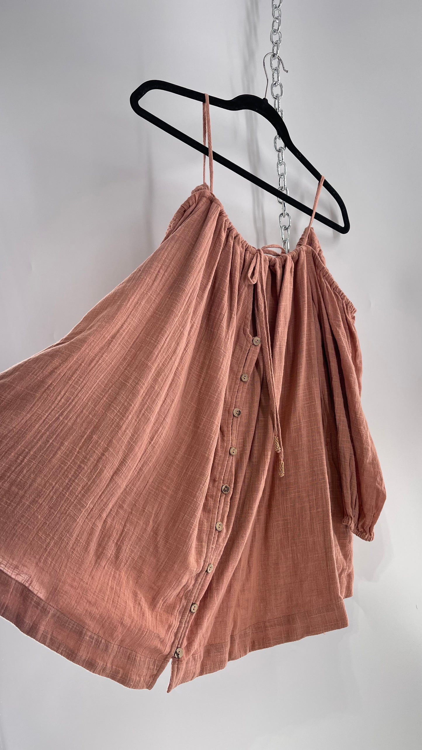 Free People Peachy Pink Coral Off the Shoulder 100% Cotton Voluminous Button Front Blouse (Small)