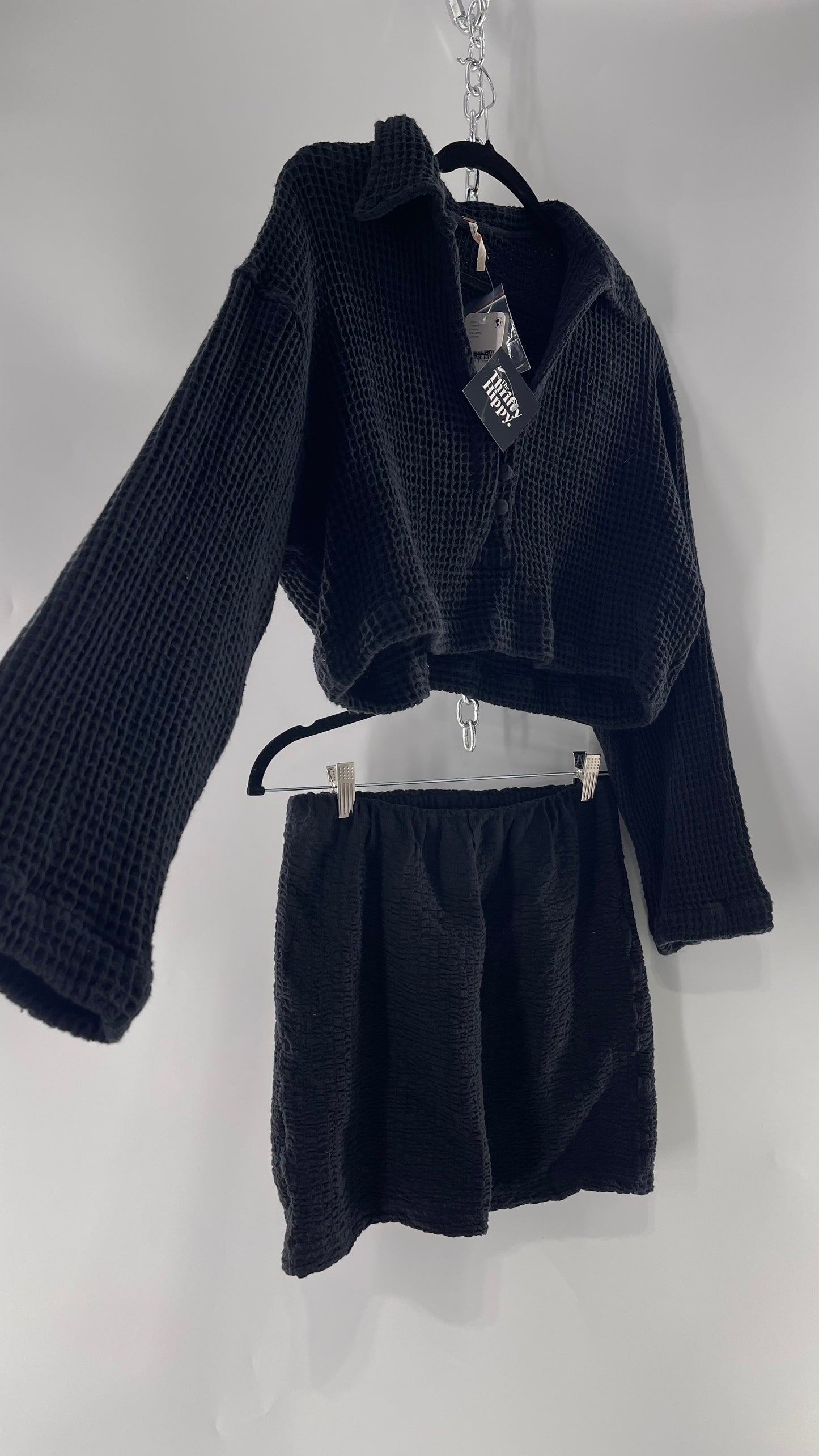 Free People Waffle Knit Black Cropped Button Up and Skirt Set with Tags Attached (Small)