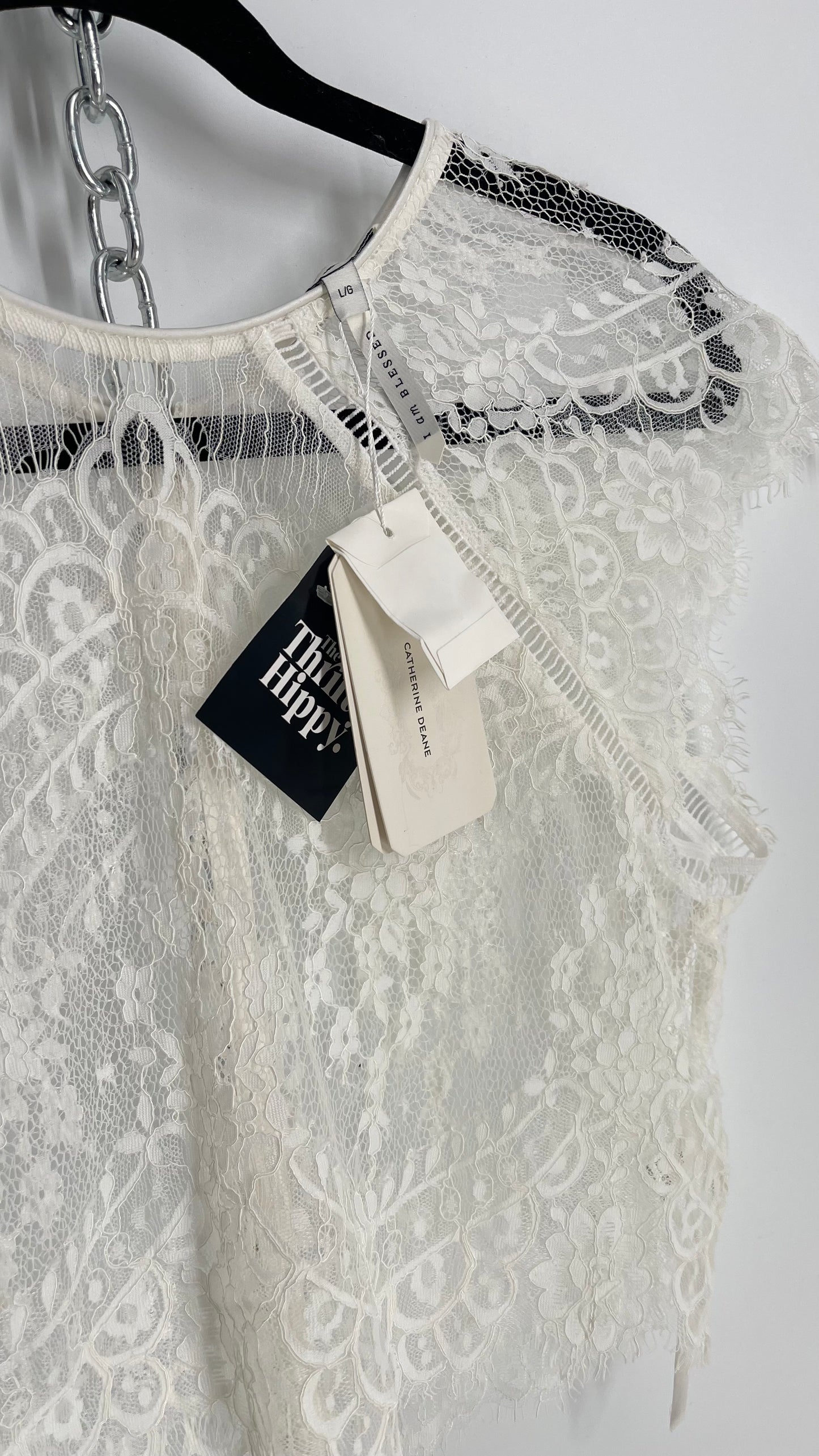 Catherine Deane ITÁLIA White Lace Button Back Short Sleeve Topper Covered in Beading with Tags Attached (Large)