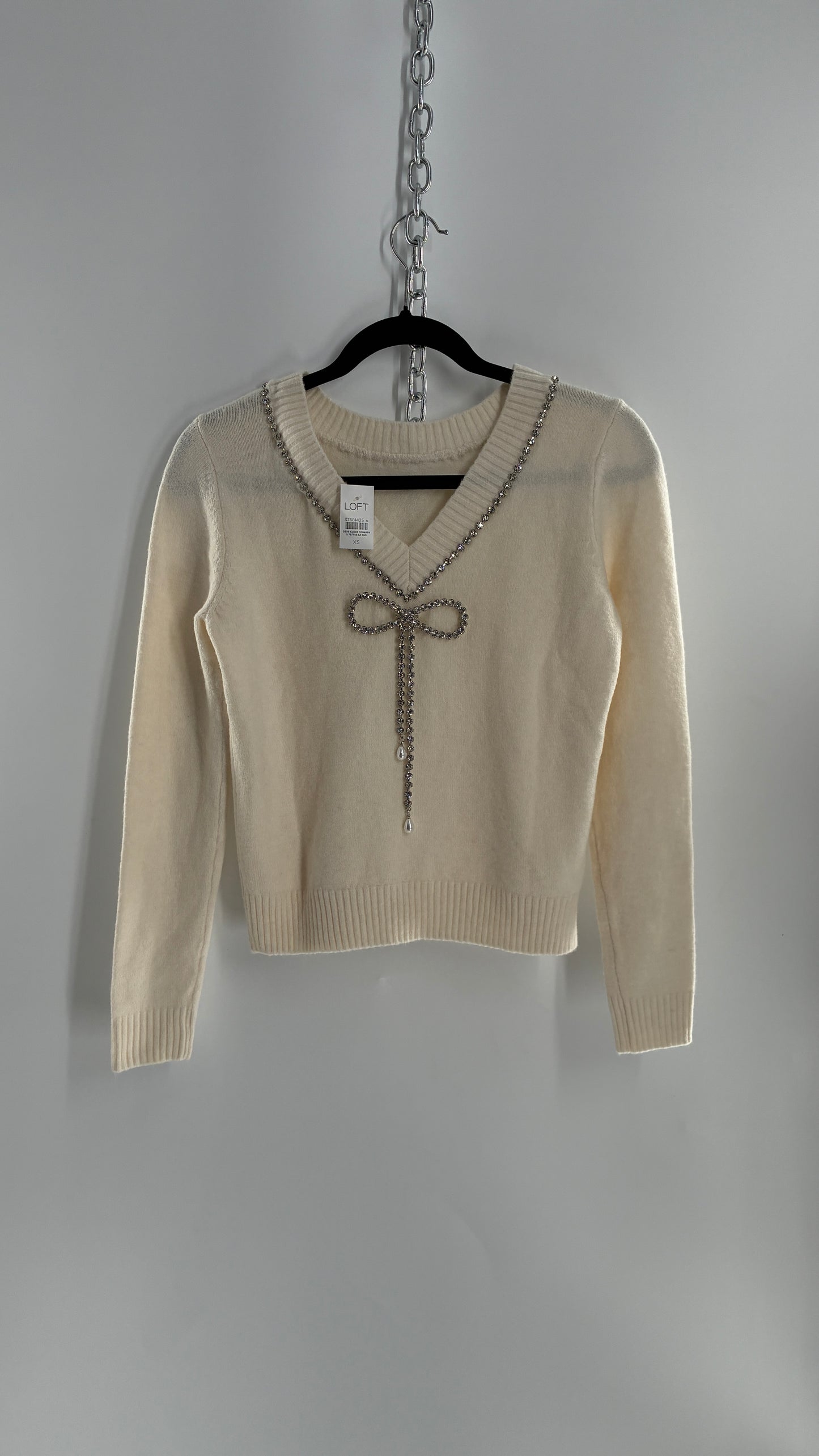 LOFT Cream Reversible Sweater with Rhinestone and Pearl Bow Detail + Tags Attached (XS)