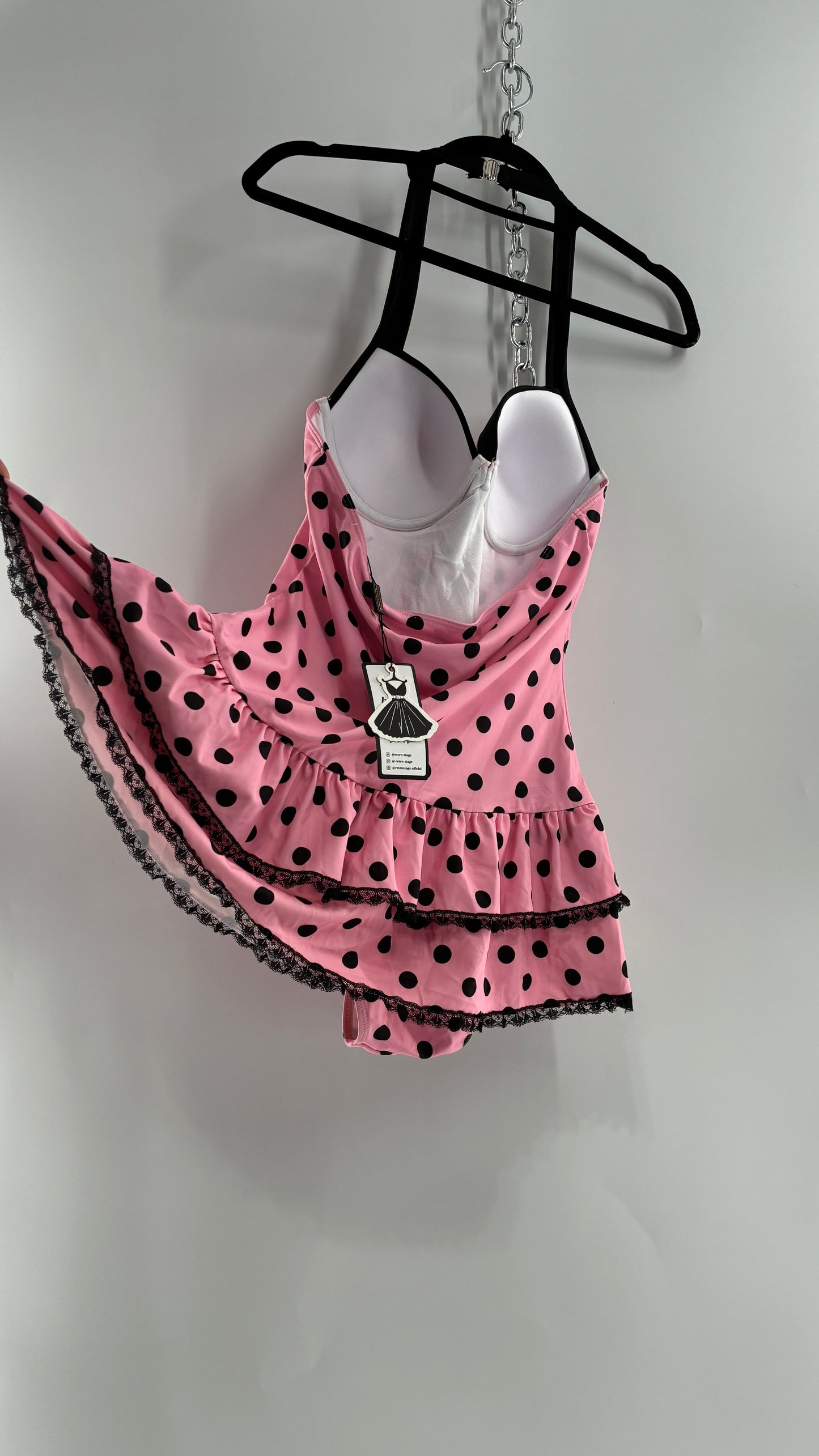 Vintage Retro Style Pink Polka Dotted Swim Dress with Ruffled Skirt and Underwire Bust (XL)