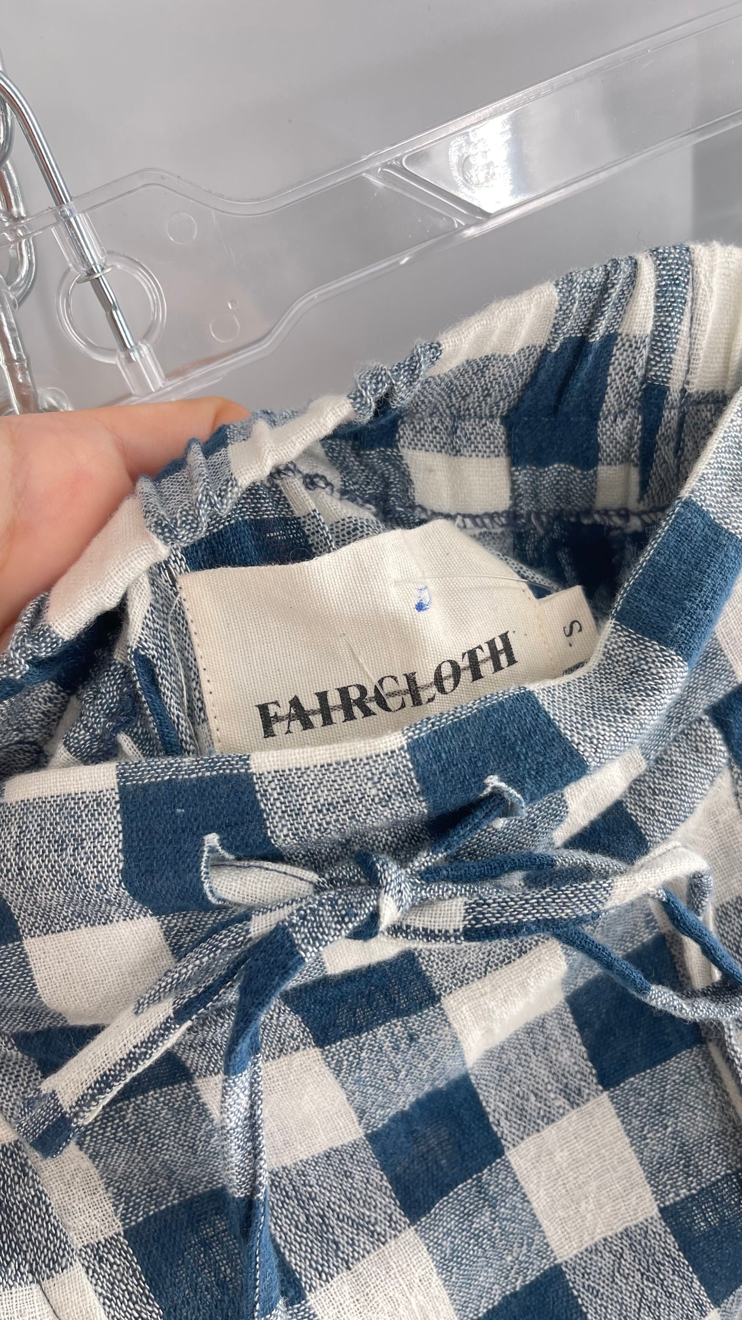 FAIRCLOTH Gingham Checkered White and Blue Linen/Cotton Cropped Drop Crotch (Small)