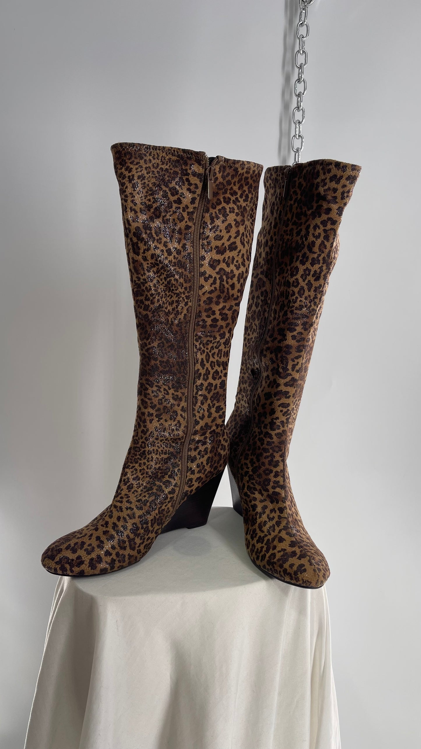 Vintage Impo Stretch Cheetah Sheen Wedge Heel Boots (10)