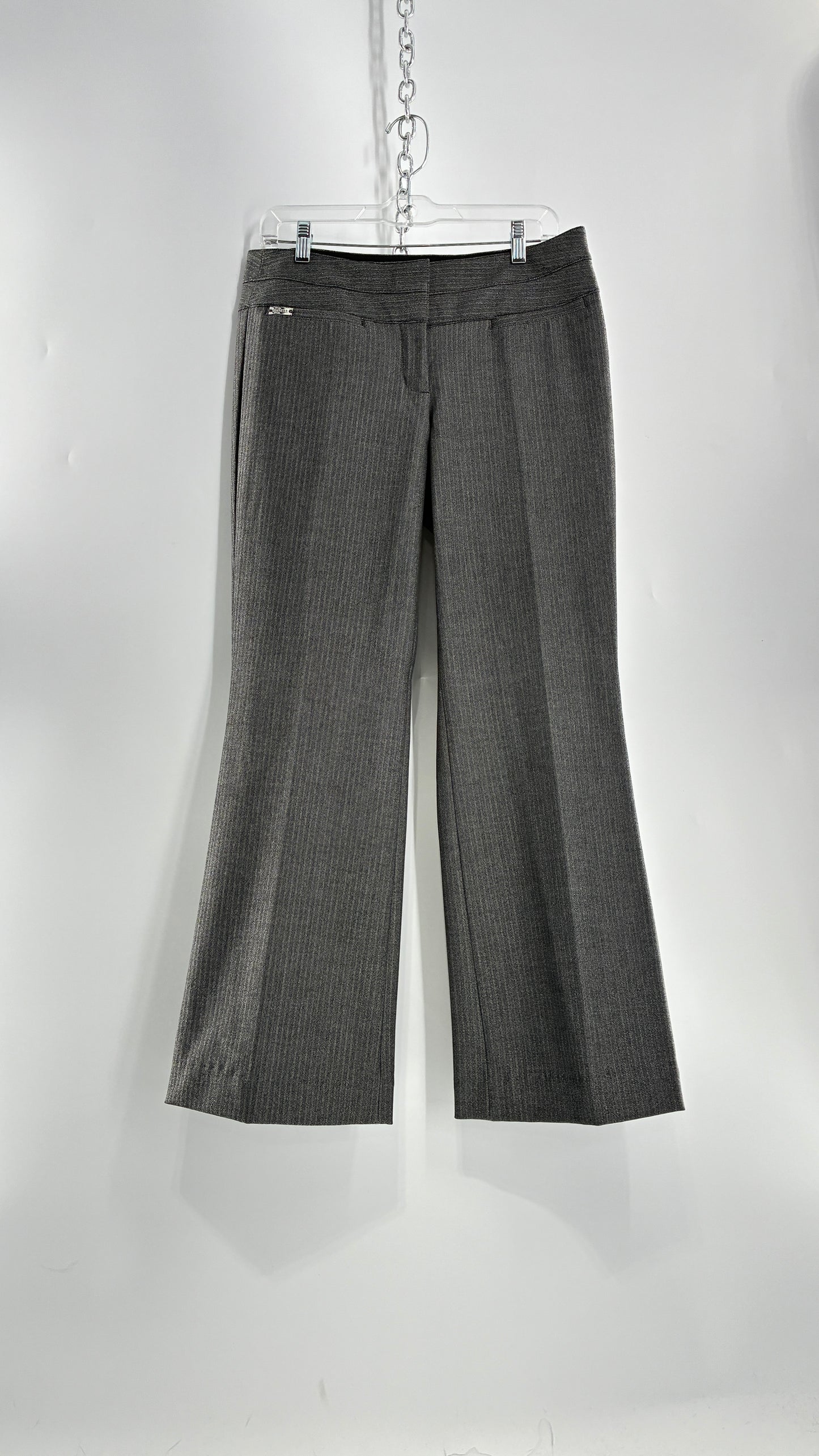 Vintage 1990s EXPRESS Editor Dark Grey Pinstripe Ultra Low Rise Thick Hip Band Kick Flares (6R)