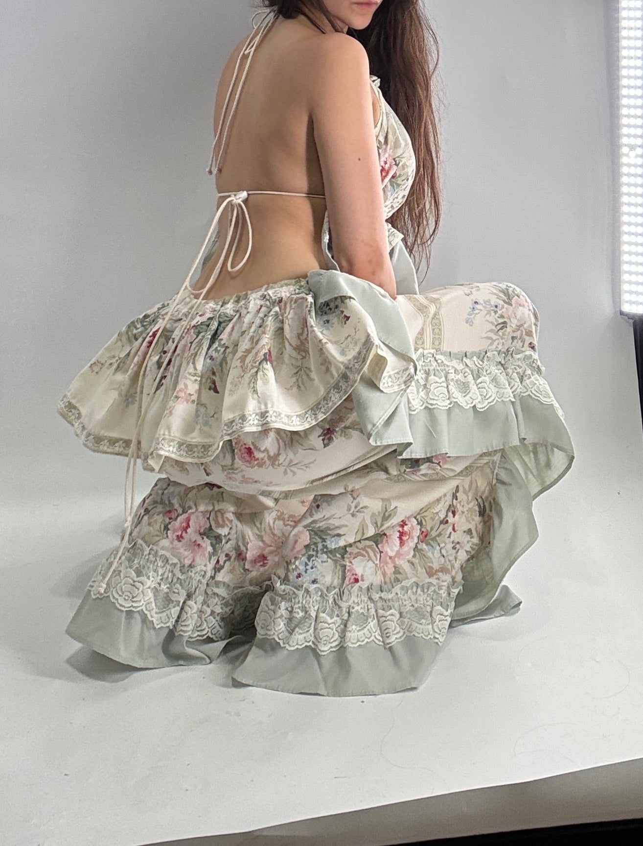 Handmade Vintage Muted Florals Two Piece Set with Adjustable Waist and Bust Lines (XS-XL)