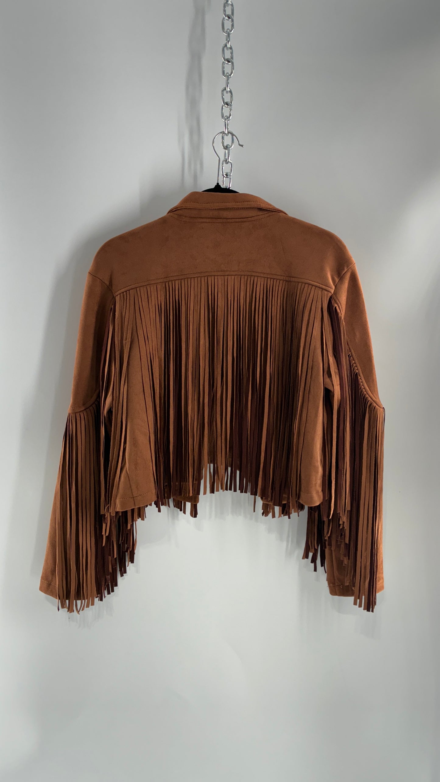 SINCERELY JULES Brown Vegan Suede Cropped Fringe Jacket (Medium)