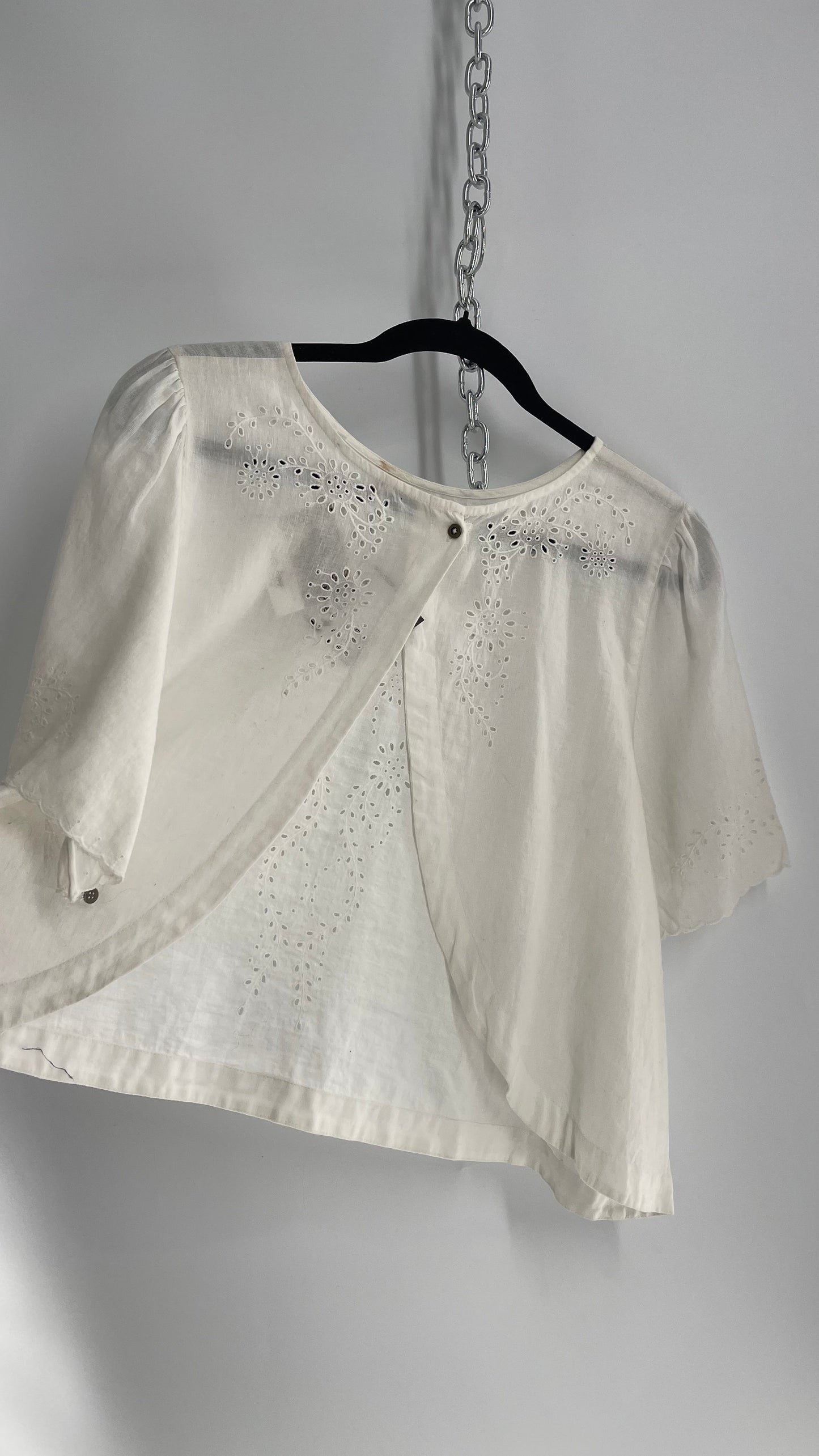 Free People Off White Cotton Open Back Eyelet Lace Short Sleeve (Medium)