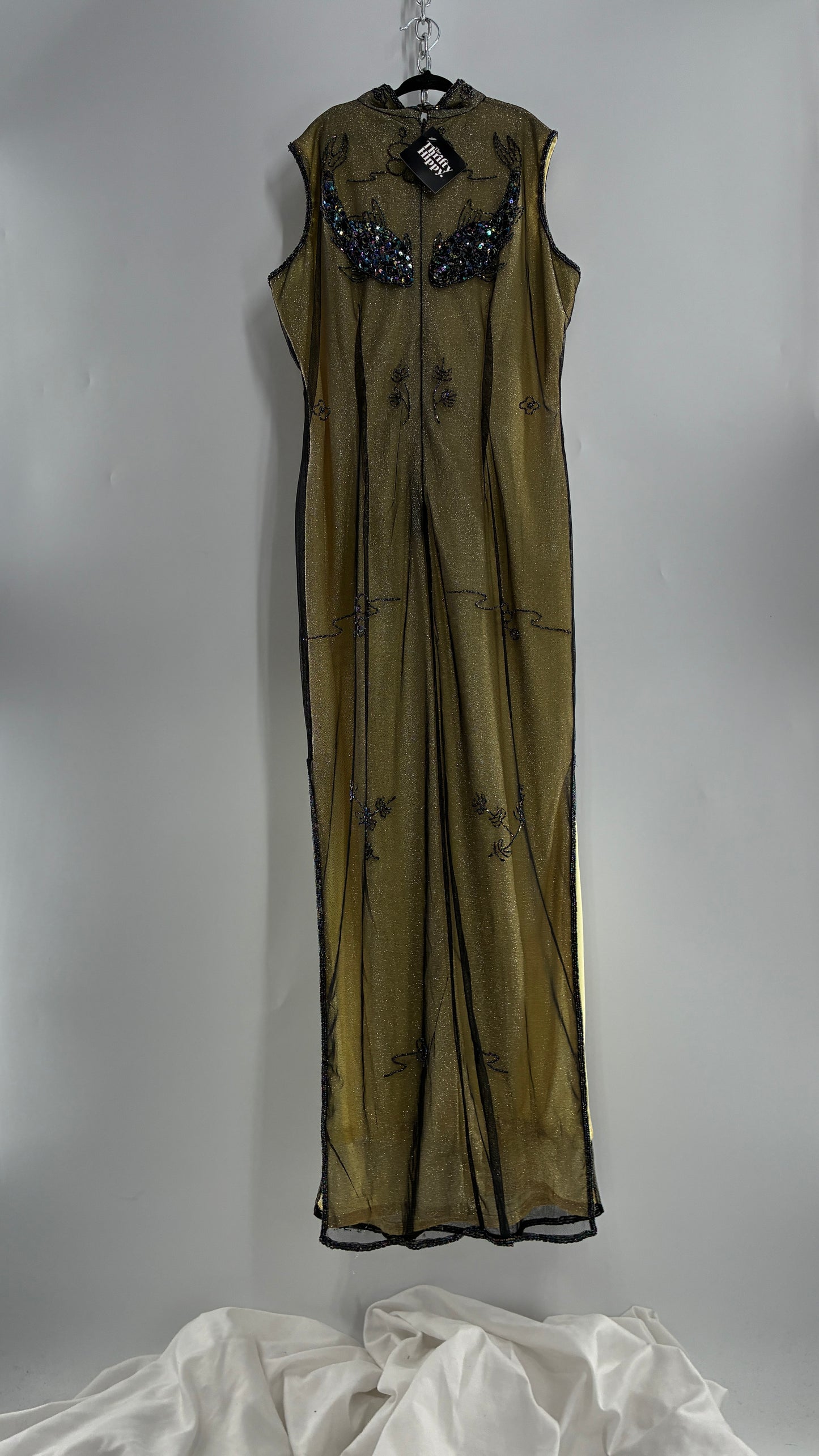 Vintage 1990s One of a Kind Handmade, Green Gown with Beaded Koi Fish, Metallic Tulle Overlay, and Symmetric Back (Medium)