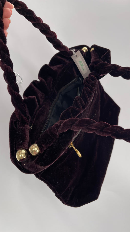 Vintage Purple Violet Velvet Quilted Purse with Rope Handles and Gold Metal Closure