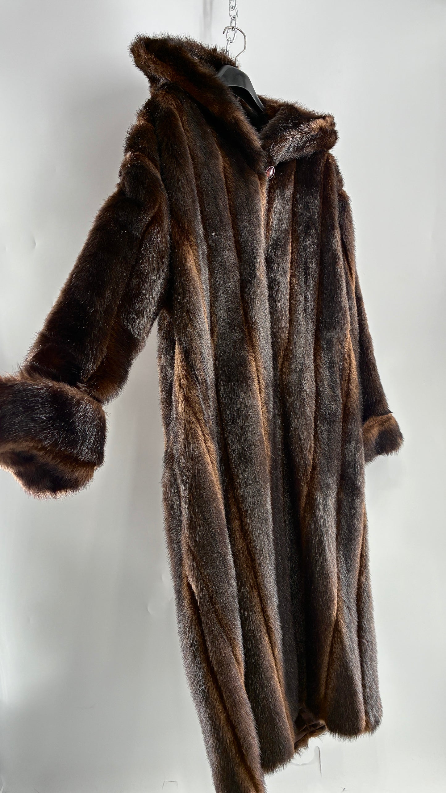 Vintage TALLY HO Hooded and Paneled, Vegan Fur Full Length Coat (Medium)