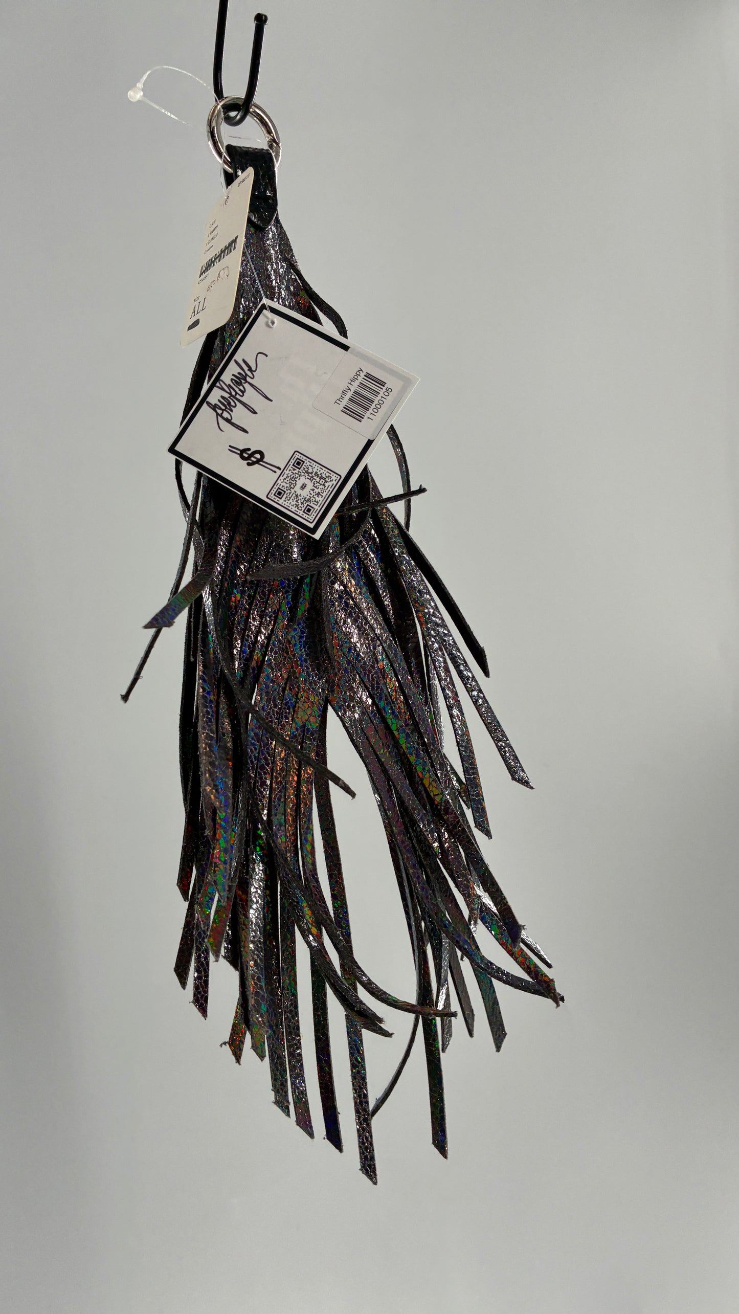 Free People Iridescent Silver Leather Feather Keychain Ring with Tags Attached