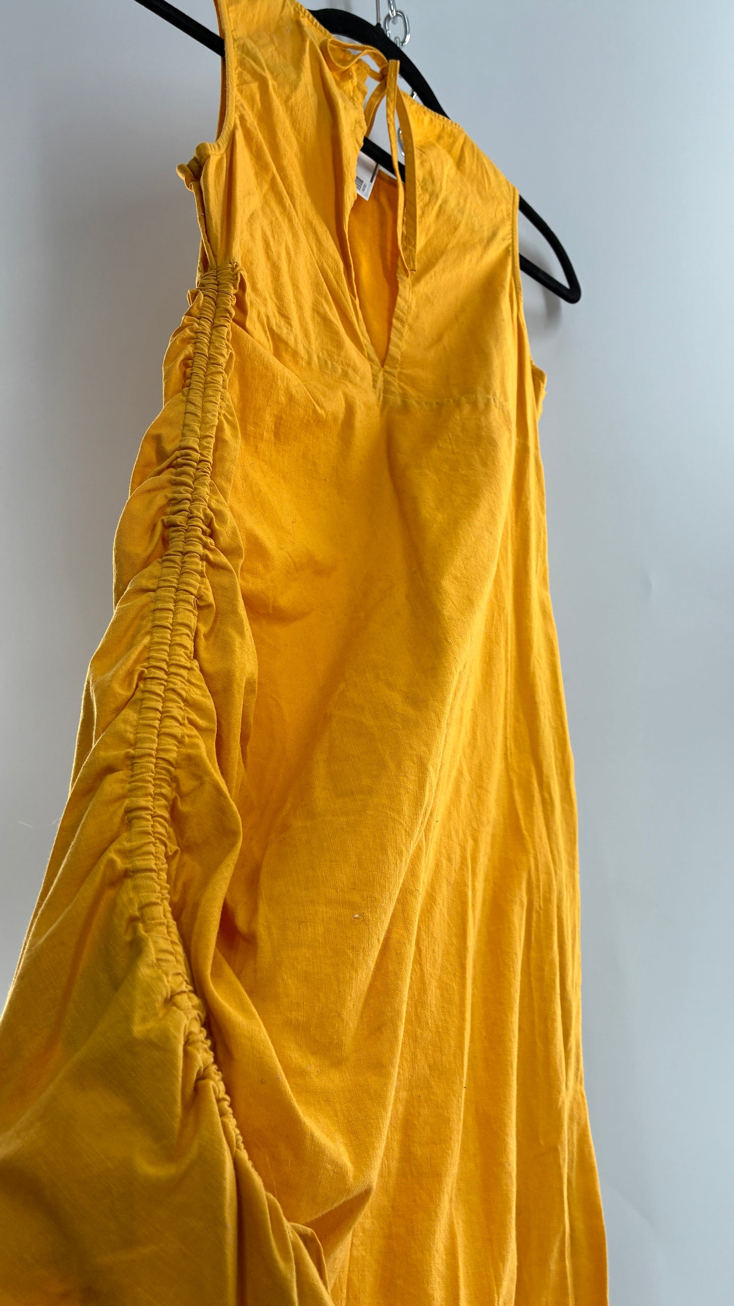 Urban Outfitters Mustard Yellow Cotton Ruche Side Slit Midi Dress (XS)