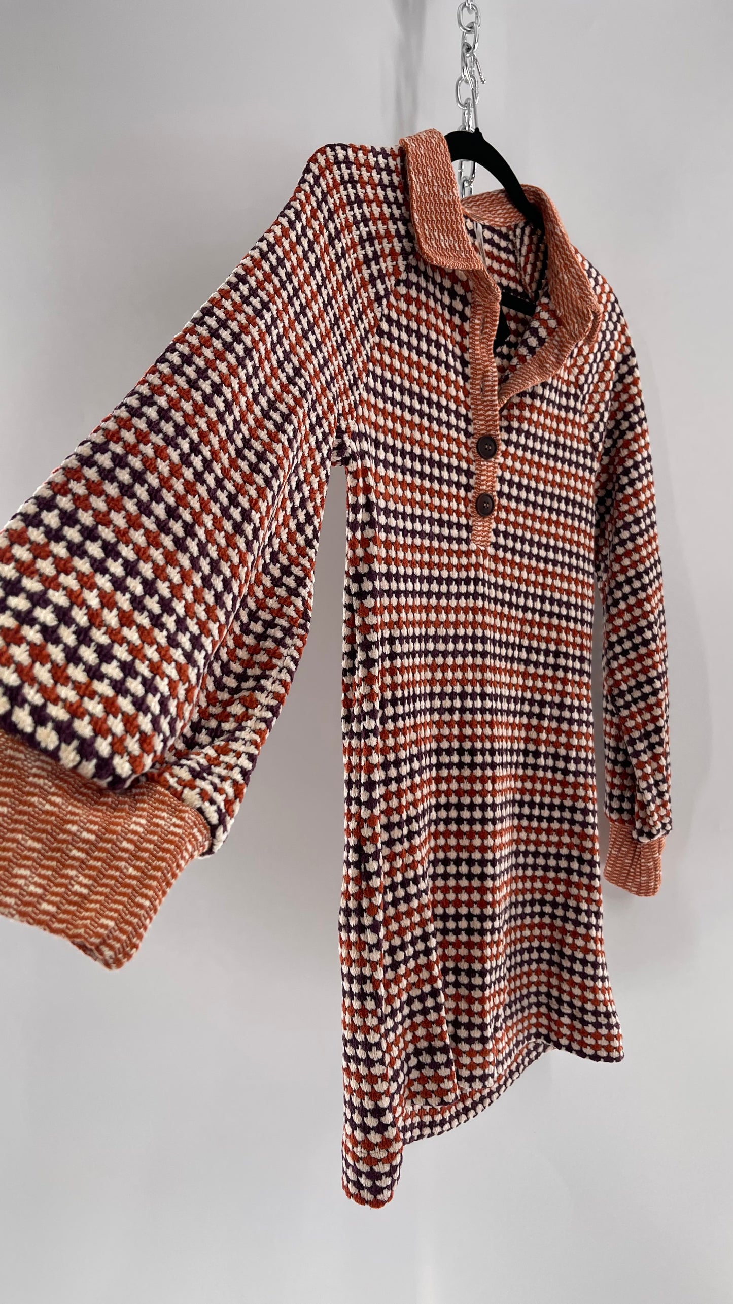 Free People Collared, Orange/Purple Chenille Knit Houndstooth Checkered Patterned 70s Dress (Small)