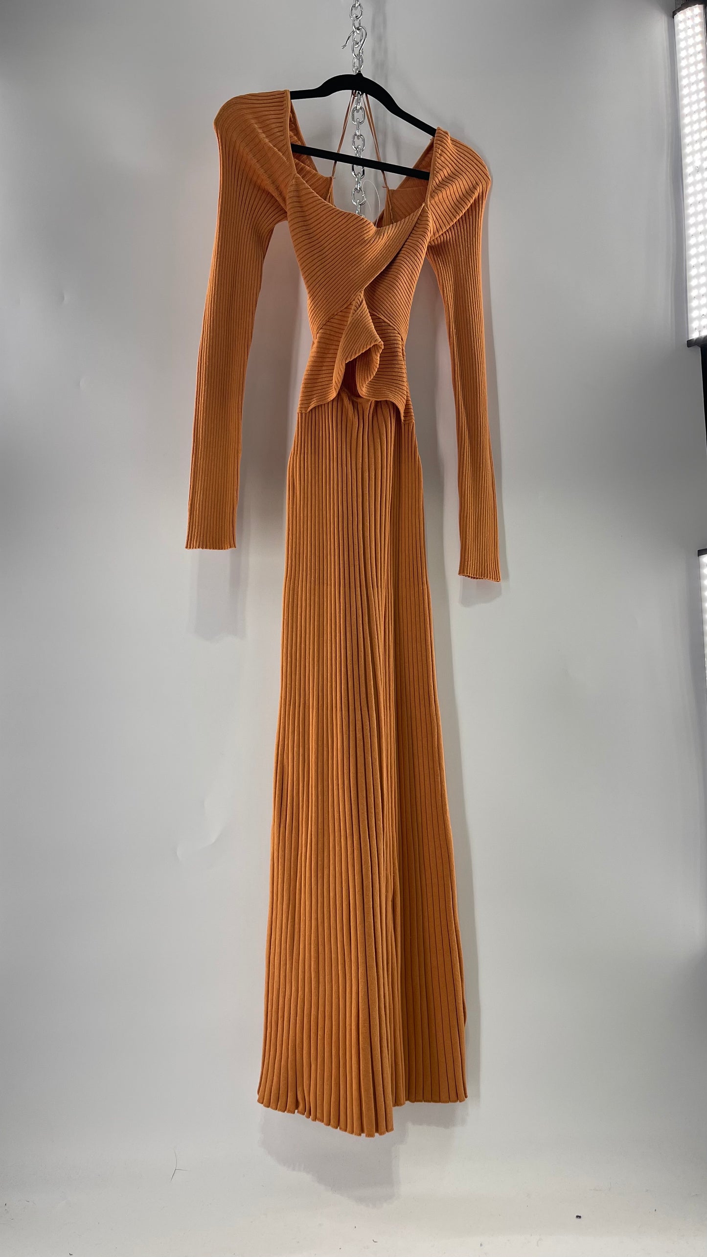 Free People Orange Ribbed Knit Maxi Dress with Cross Over Exposed Midriff Dress (Medium)