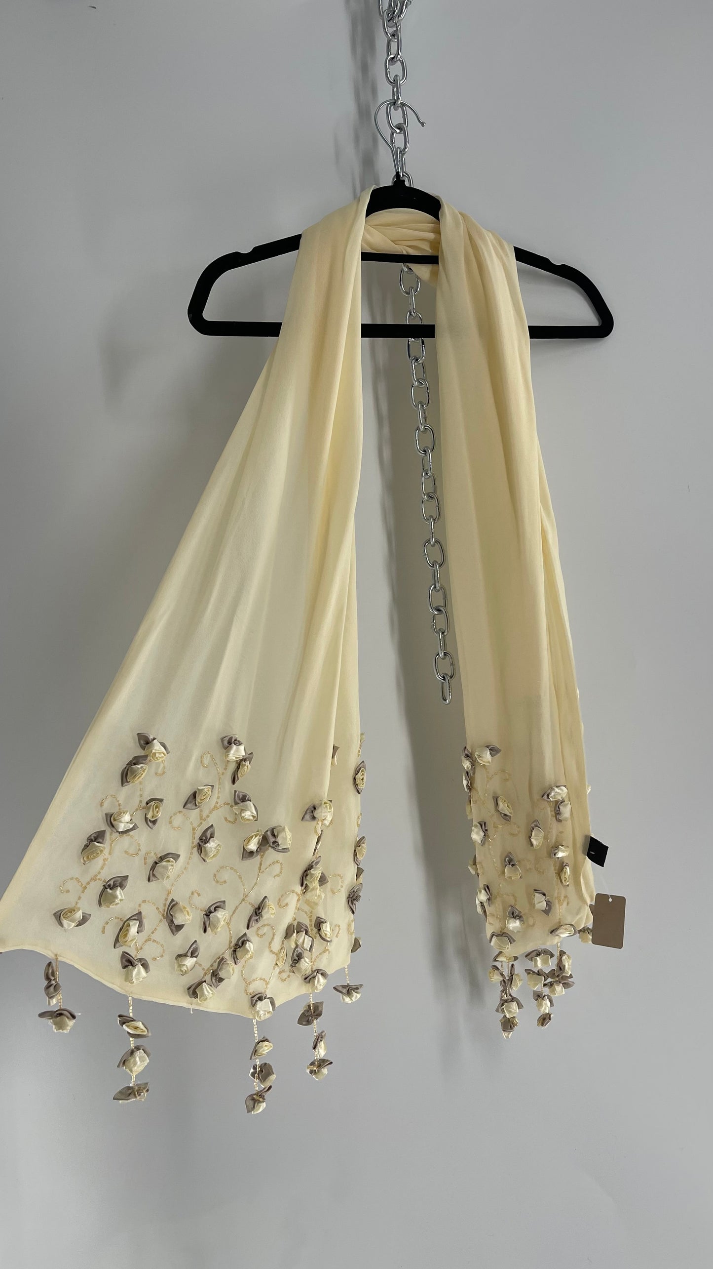 Vintage 1990s Baby Yellow Cream Silk Scarf with Embroidered Rosettes and Beaded Flowers