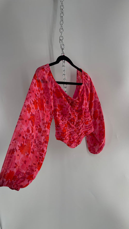Free People Cropped Floral Blouse with Ruched Body, Balloon Sleeves and Appliqué Rosette Bustline with Tags Attached (XS)