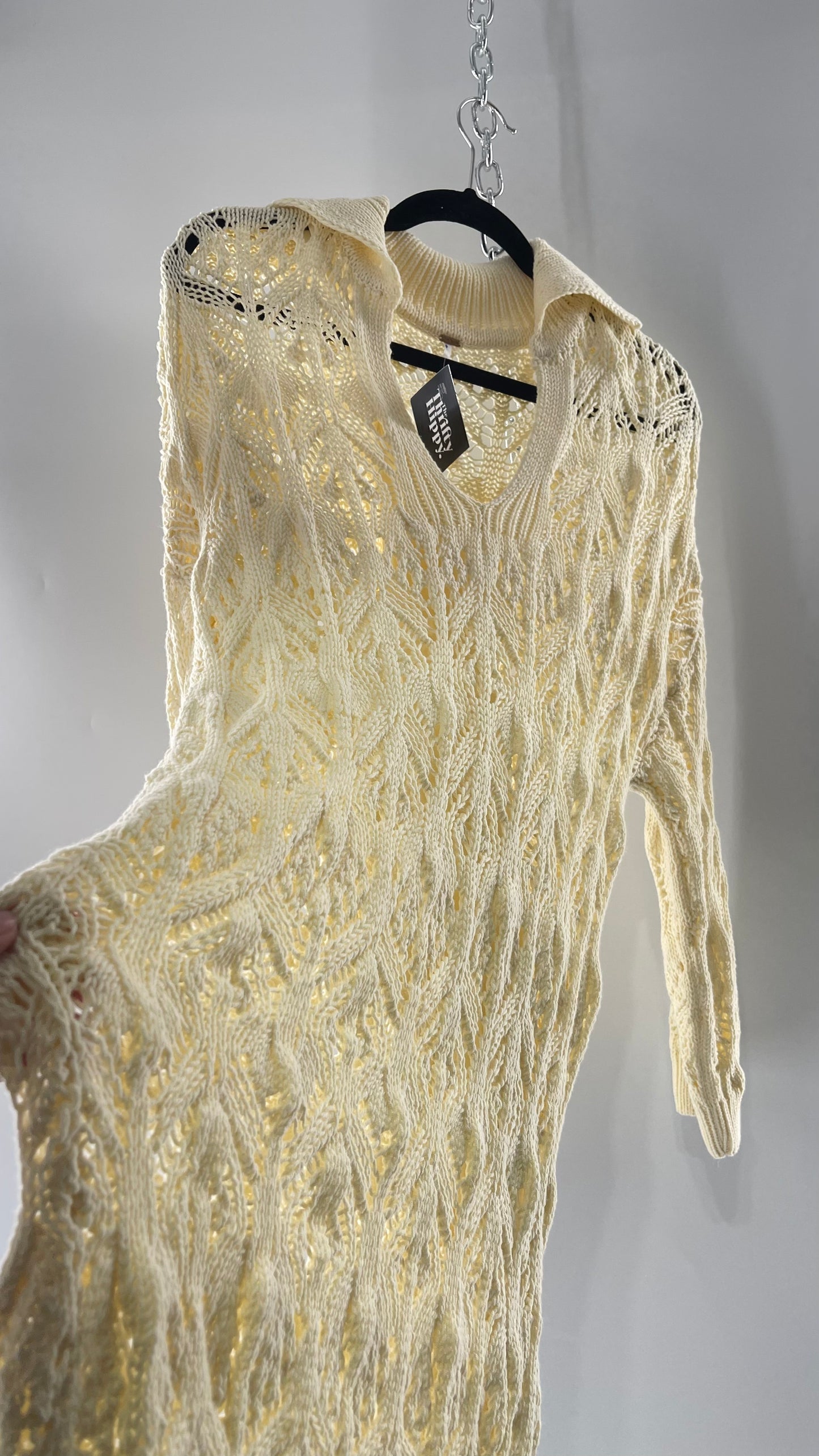 Free People Baby Yellow Comfy n Cozy Open Stitch Knit Sweater Dress (XS)
