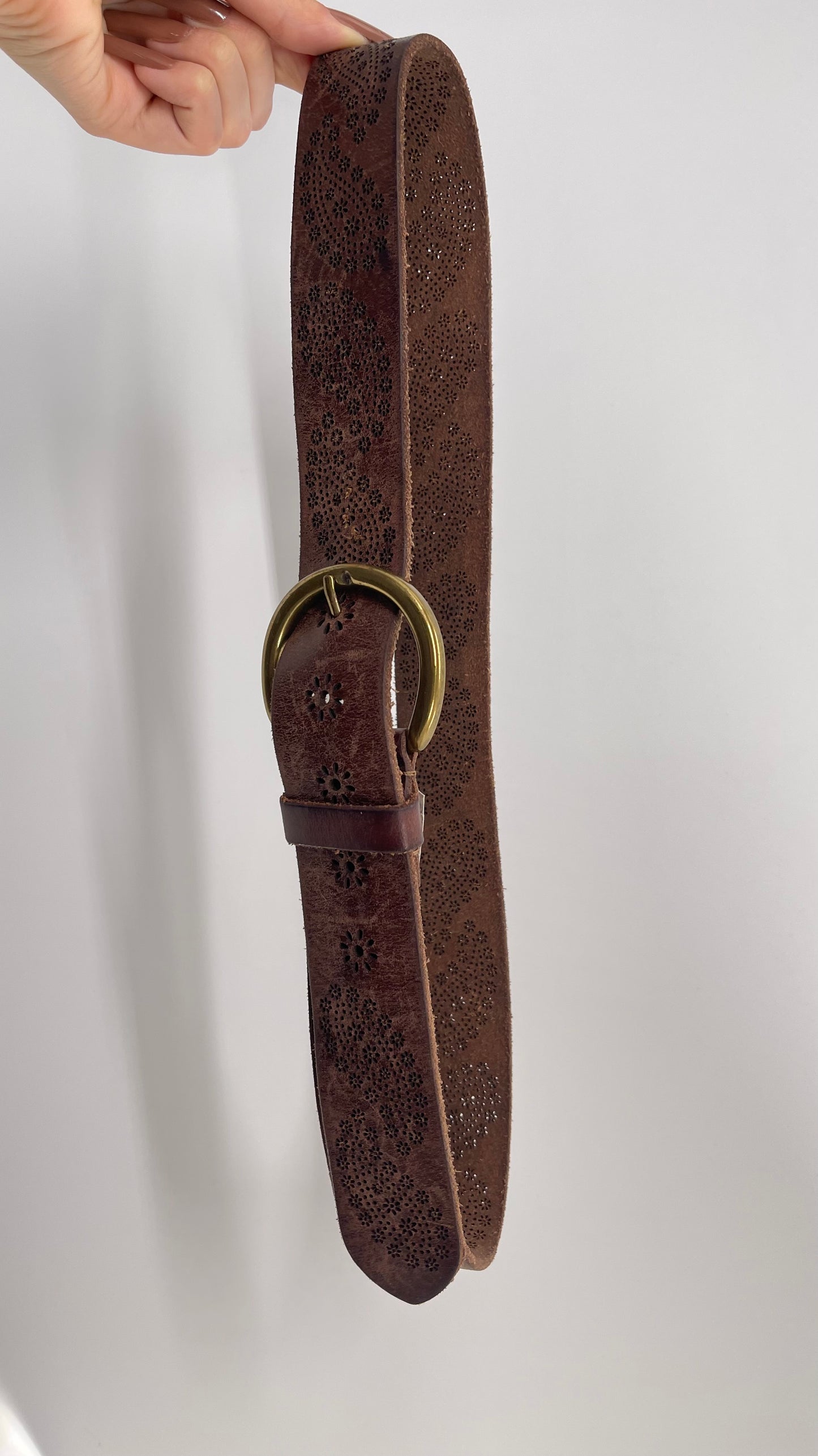 Vintage Lucky Brand Brown Leather Perforated Paisley Belt (Medium)
