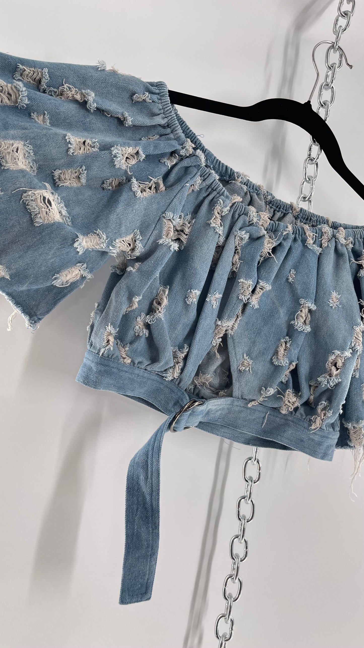 Homage Distressed Denim Crop Top with Keyhole Bust Cutout and Buckle (Medium)