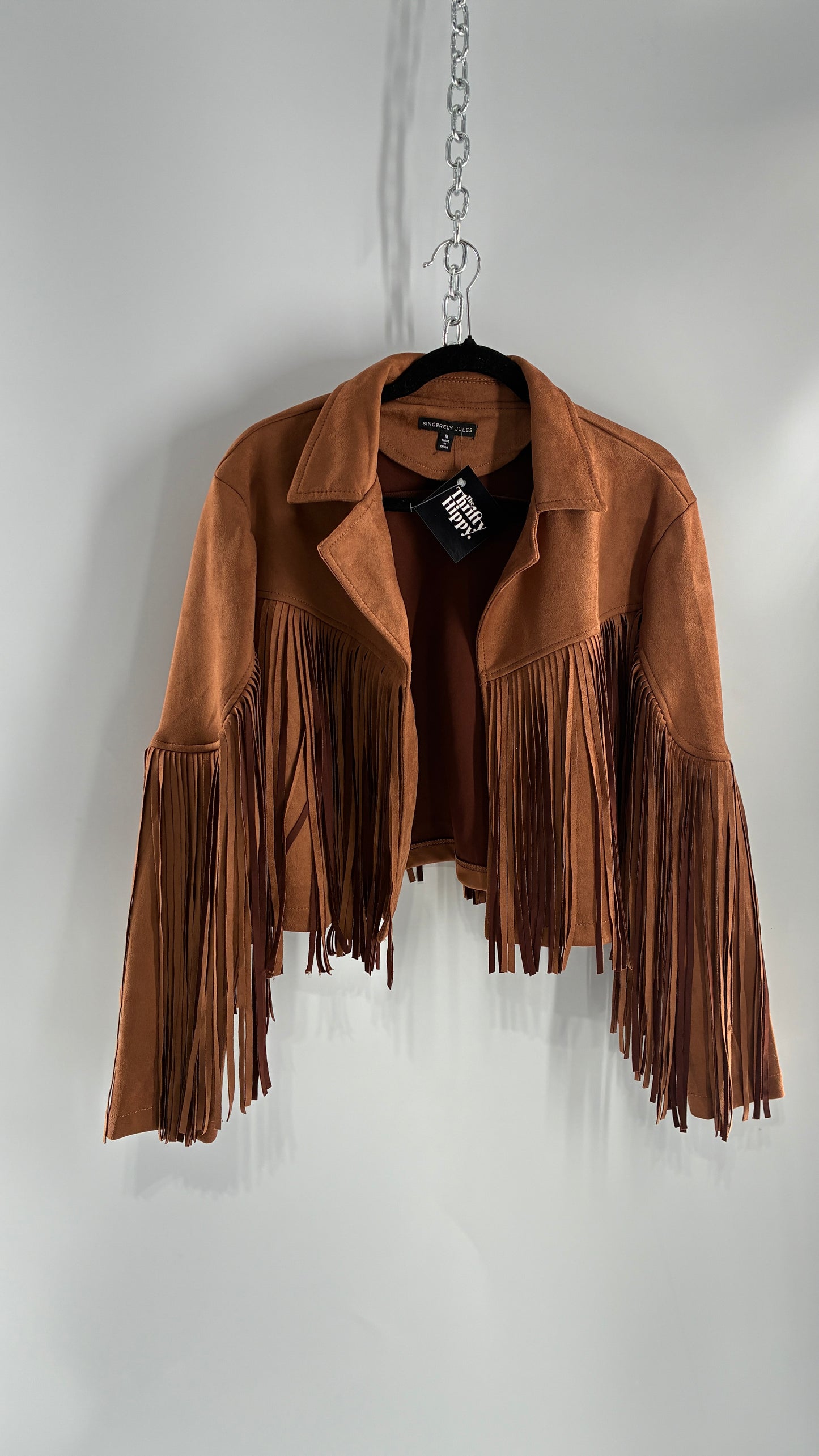 SINCERELY JULES Brown Vegan Suede Cropped Fringe Jacket (Medium)