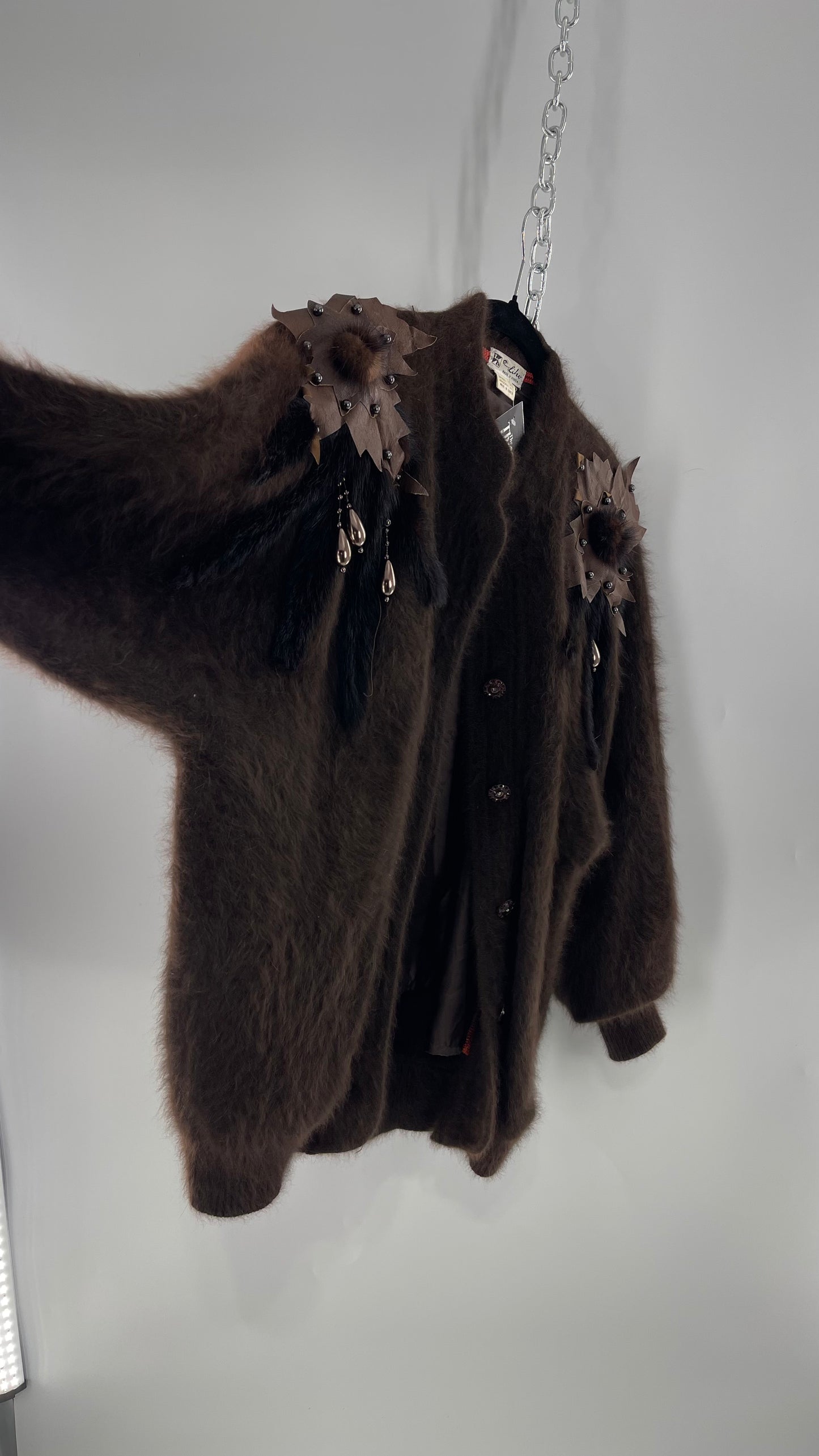 Liho Korean Vintage Brown Cardigan with Leather, Fur and Beaded Detailing 15% Wool 75% Angora  (C)(Medium)