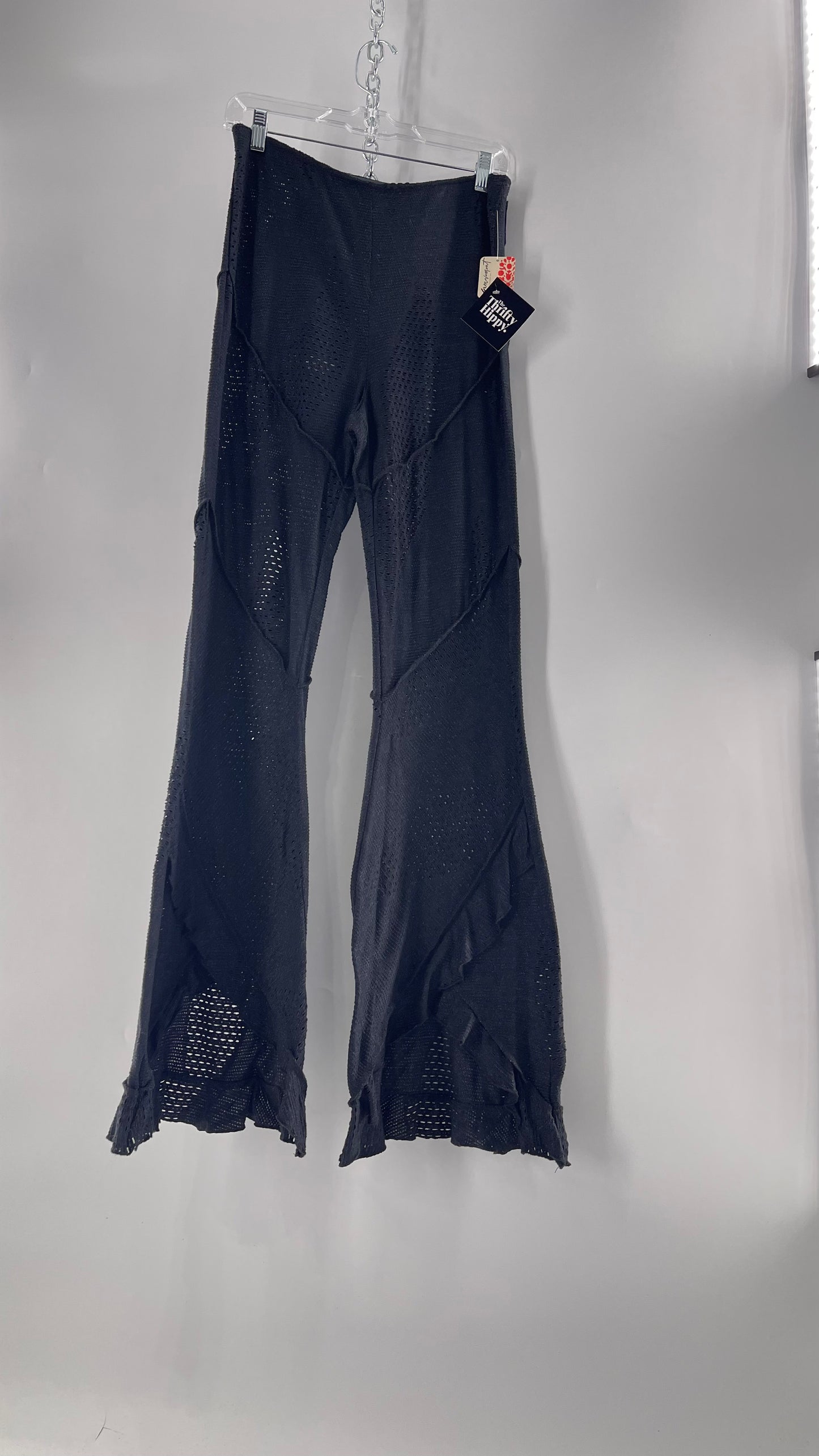 Free People Black Midnight Grey Mixed Pattern Kickflares with High Low Hem, Exposed Seams and Distressing Tags Attached (Medium)