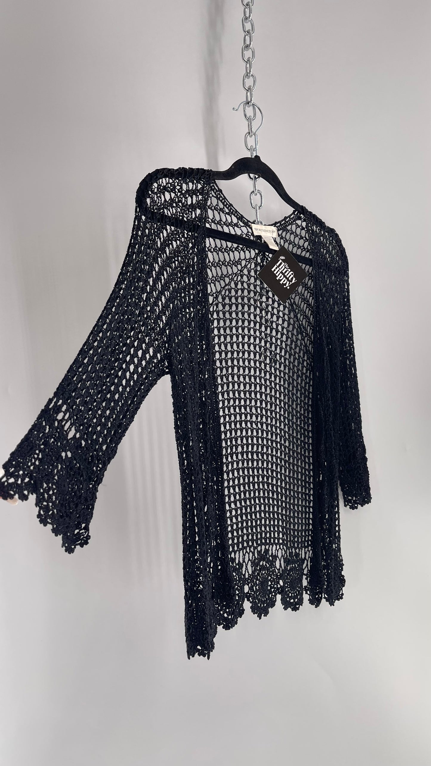 Vintage Black Crochet Slinky Top with Ribbon Bust Tie (XS)