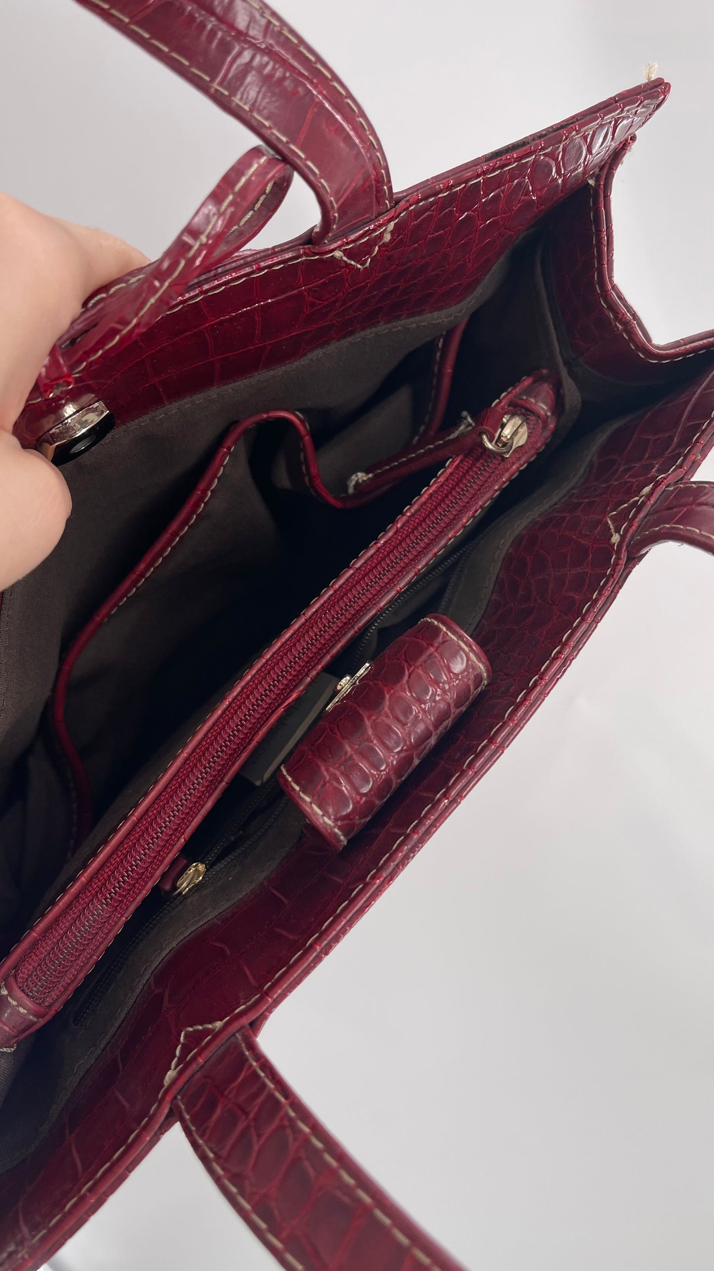 Vintage Liz Claiborne 1990s Cherry Red Crocodile Embossed Structured Bow Bag